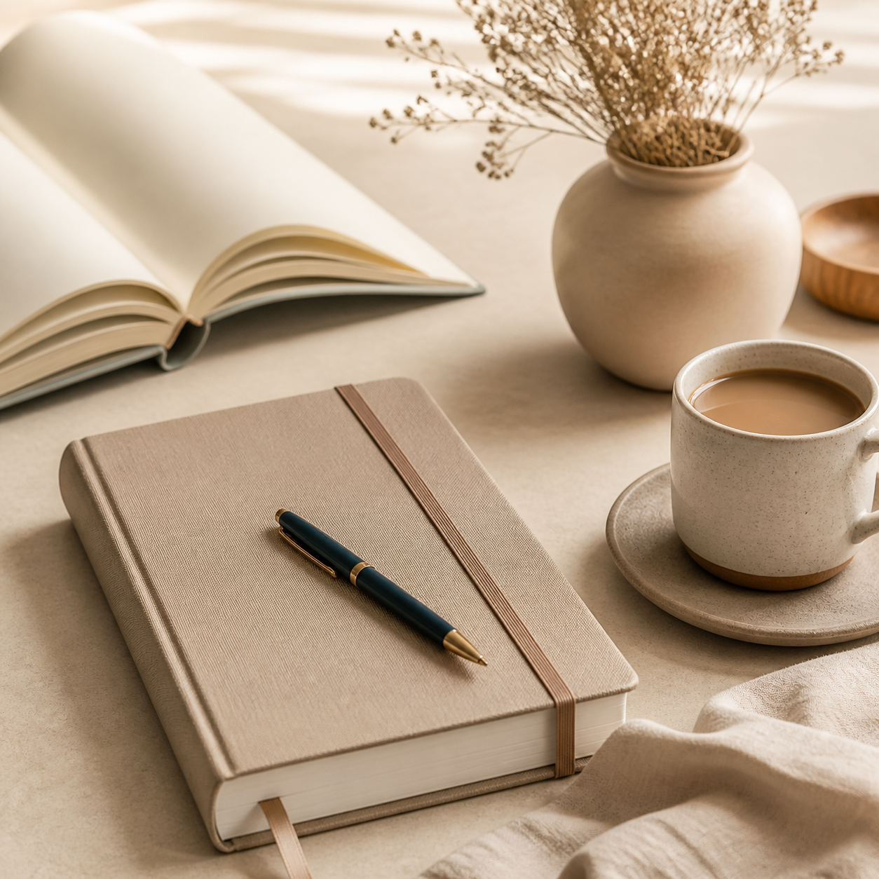 Cuaderno de registro de lectura junto a una taza