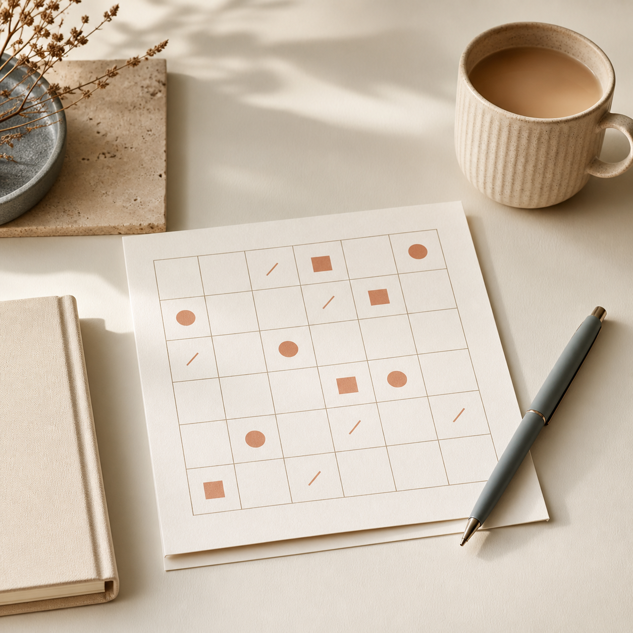 Tarjeta de bingo junto a una taza de café y un bolígrafo