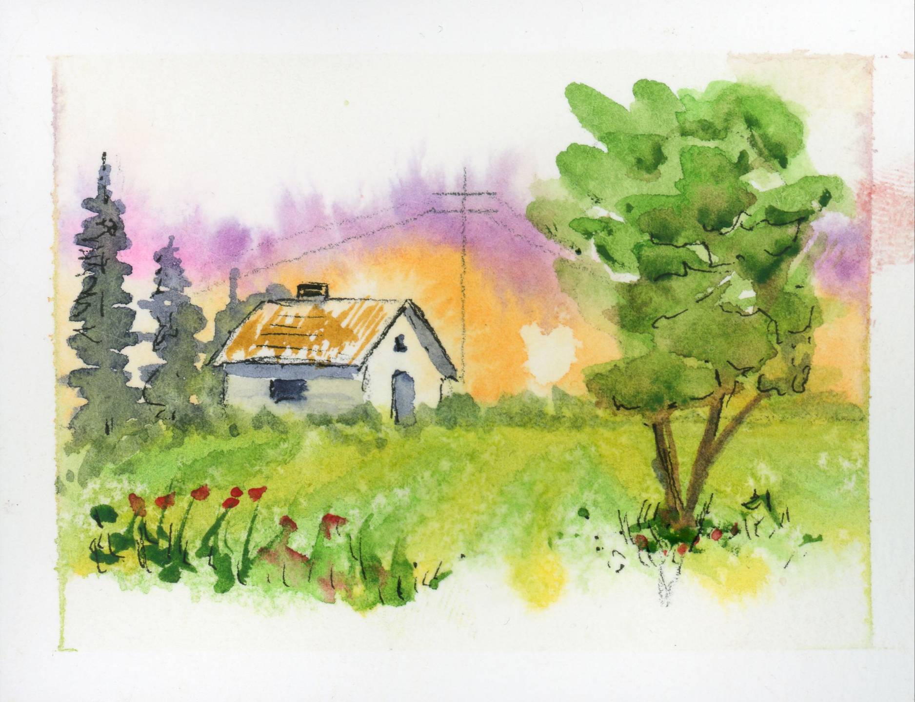 Watercolor of a little house, green trees, and flowers, painted in Coming Home.