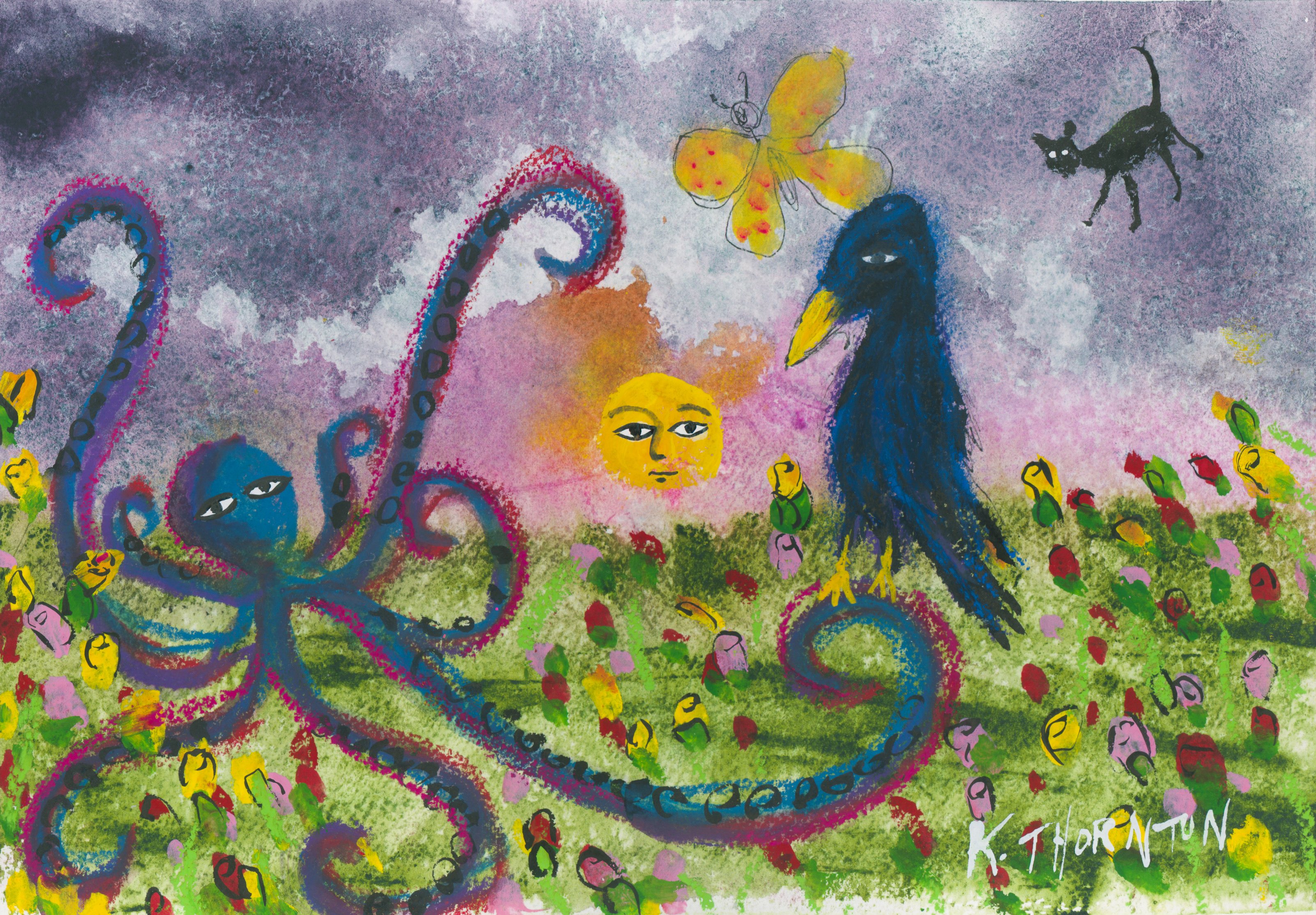 Kevin’s colorful painting with an octopus, bird, butterfly, and cat — an example of his artwork