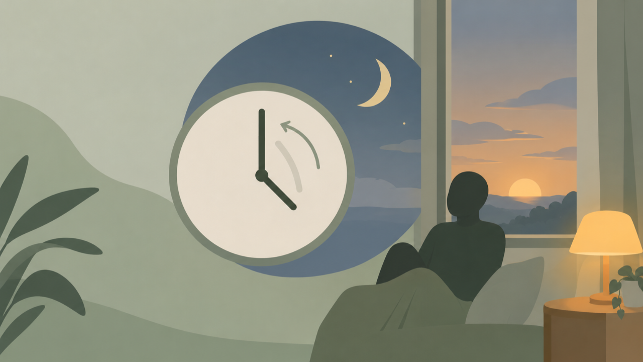 Illustration of a clock and a setting sun, representing the clocks going back and darker evenings