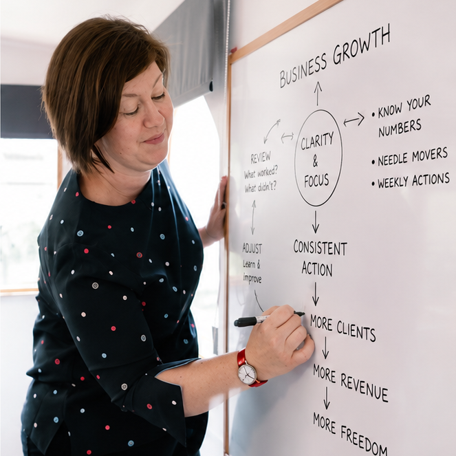 Beshlie Donaldson standing at a whiteboard mapping out business growth
