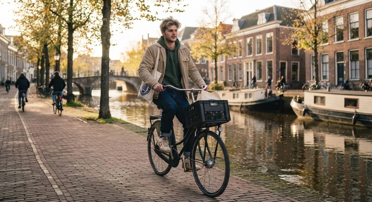 Student fietst langs een gracht