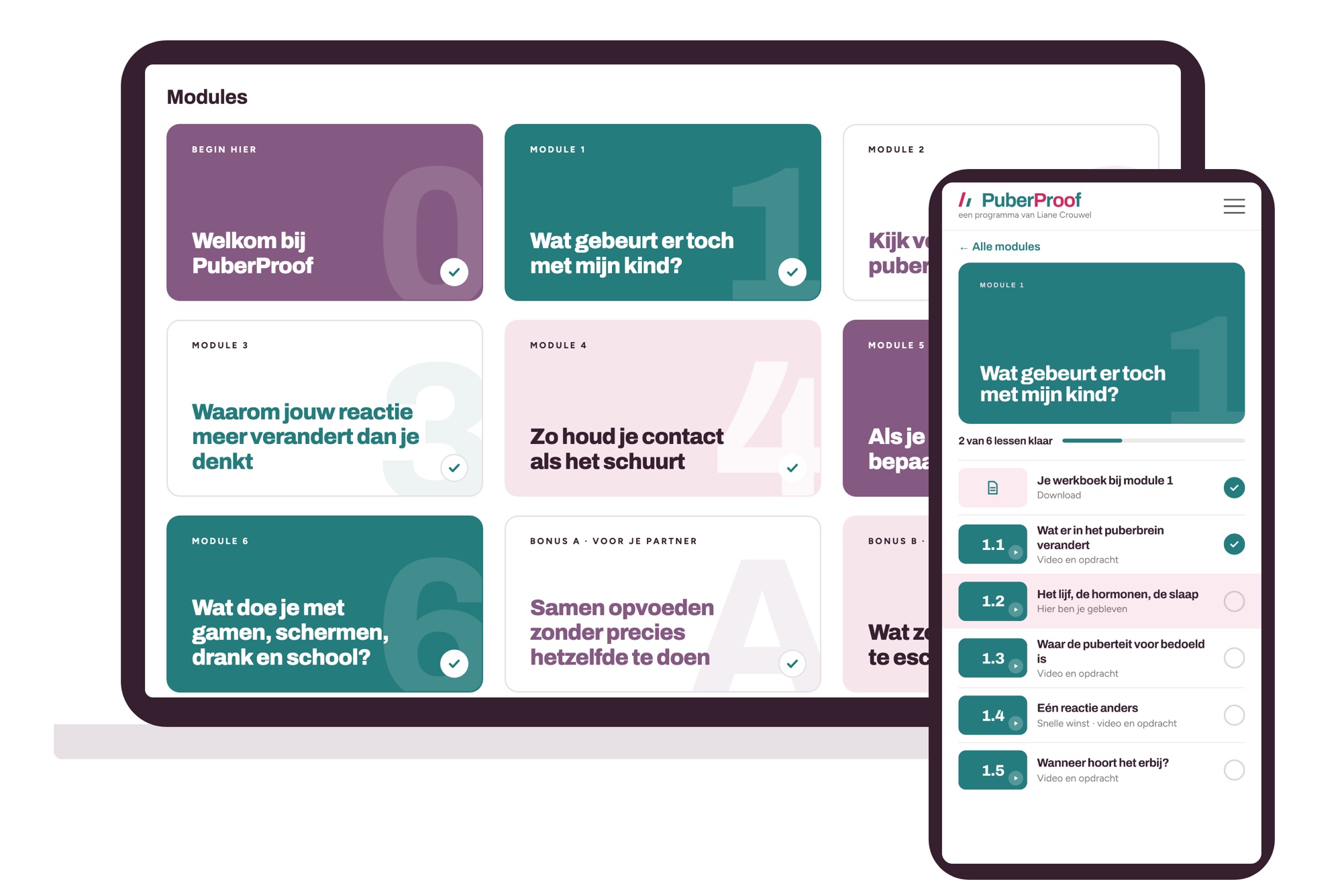 De online omgeving van PuberProof op laptop en telefoon