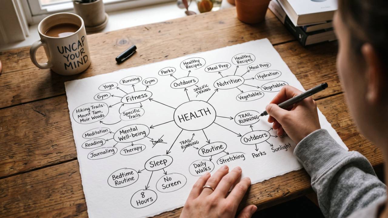 Young lady creating a mind map regarding health improvement
