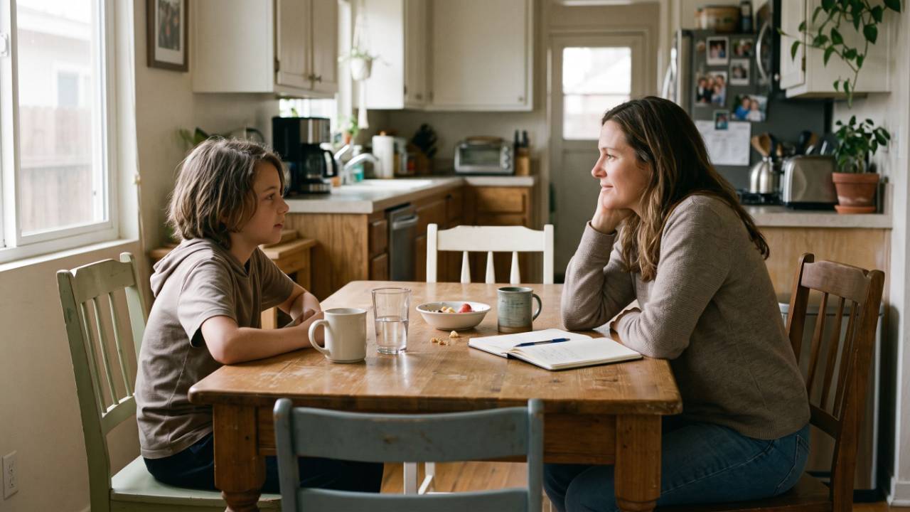 Parent and child talking together at a kitchen table, building real-world connection without screens.