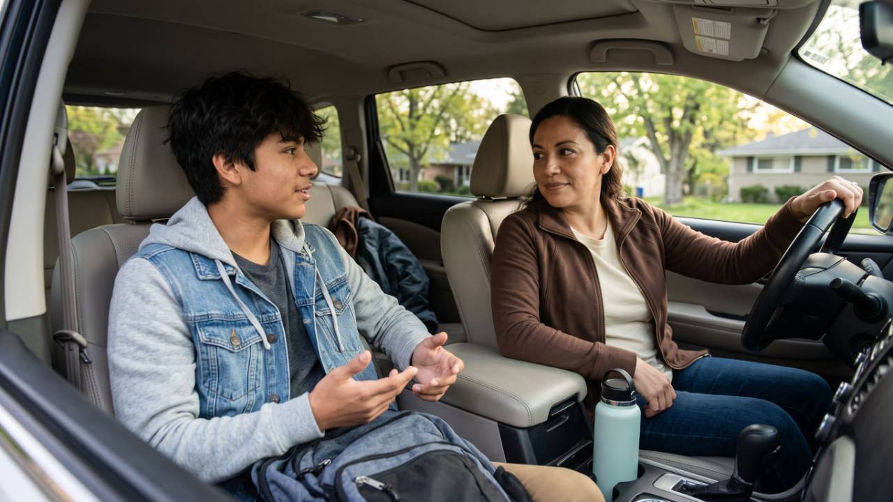 Parent and teenager sitting in the car, making eye contact during a warm conversation.