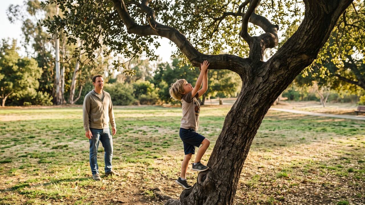 A young child climbing a tree while a parent watches nearby in a sunny park.