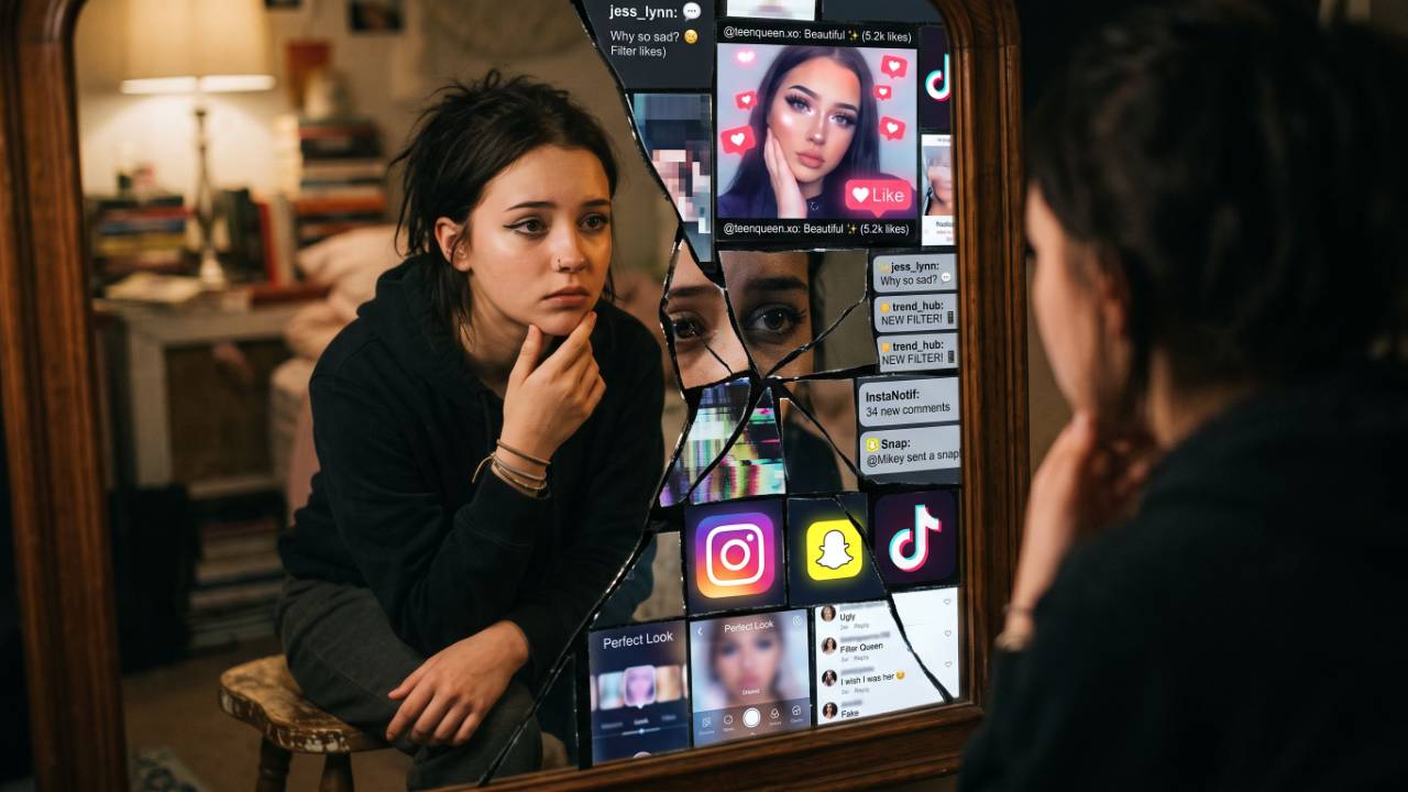 Pensive girl looking in a cracked mirror showing TikTok and Facebook, a beautified image of herself, and worried eyes.
