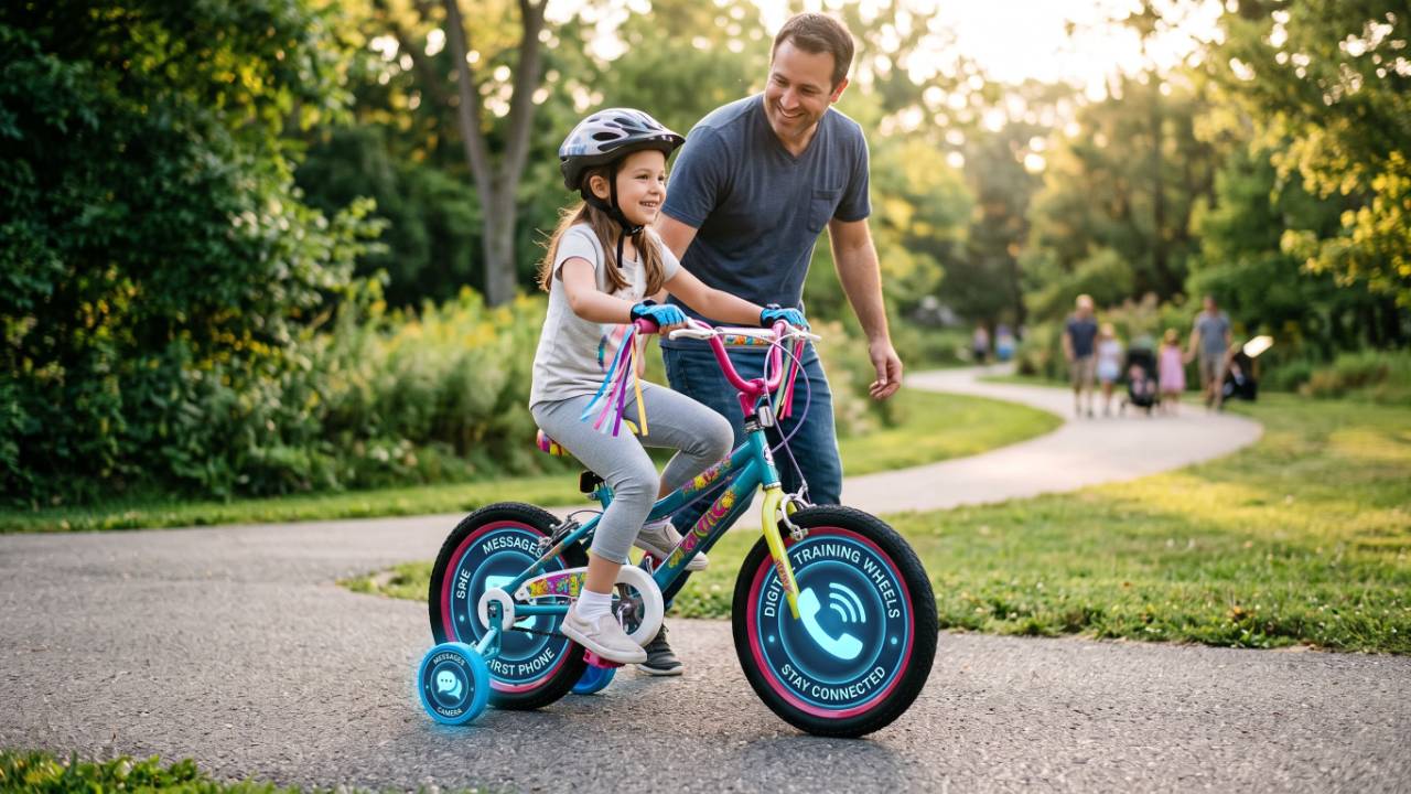 Dad helping his daughter ride a bike with training wheels, showing how a dumb phone can work as digital training wheels for kids.