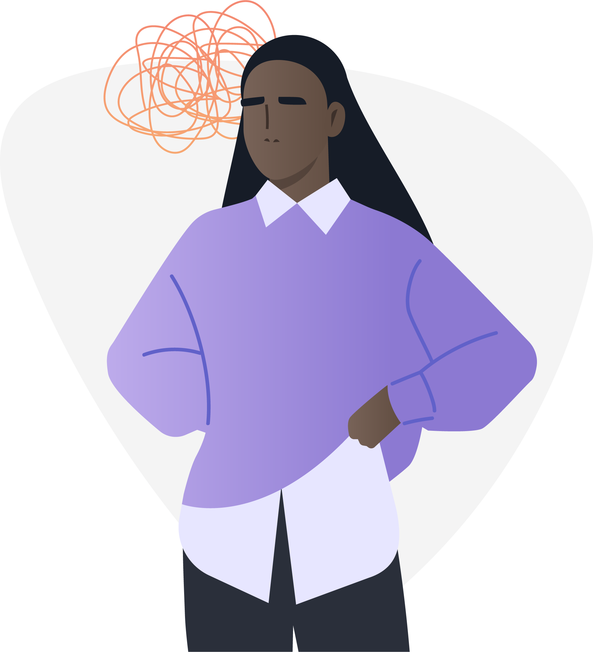 Woman standing with a tangled thought above her head