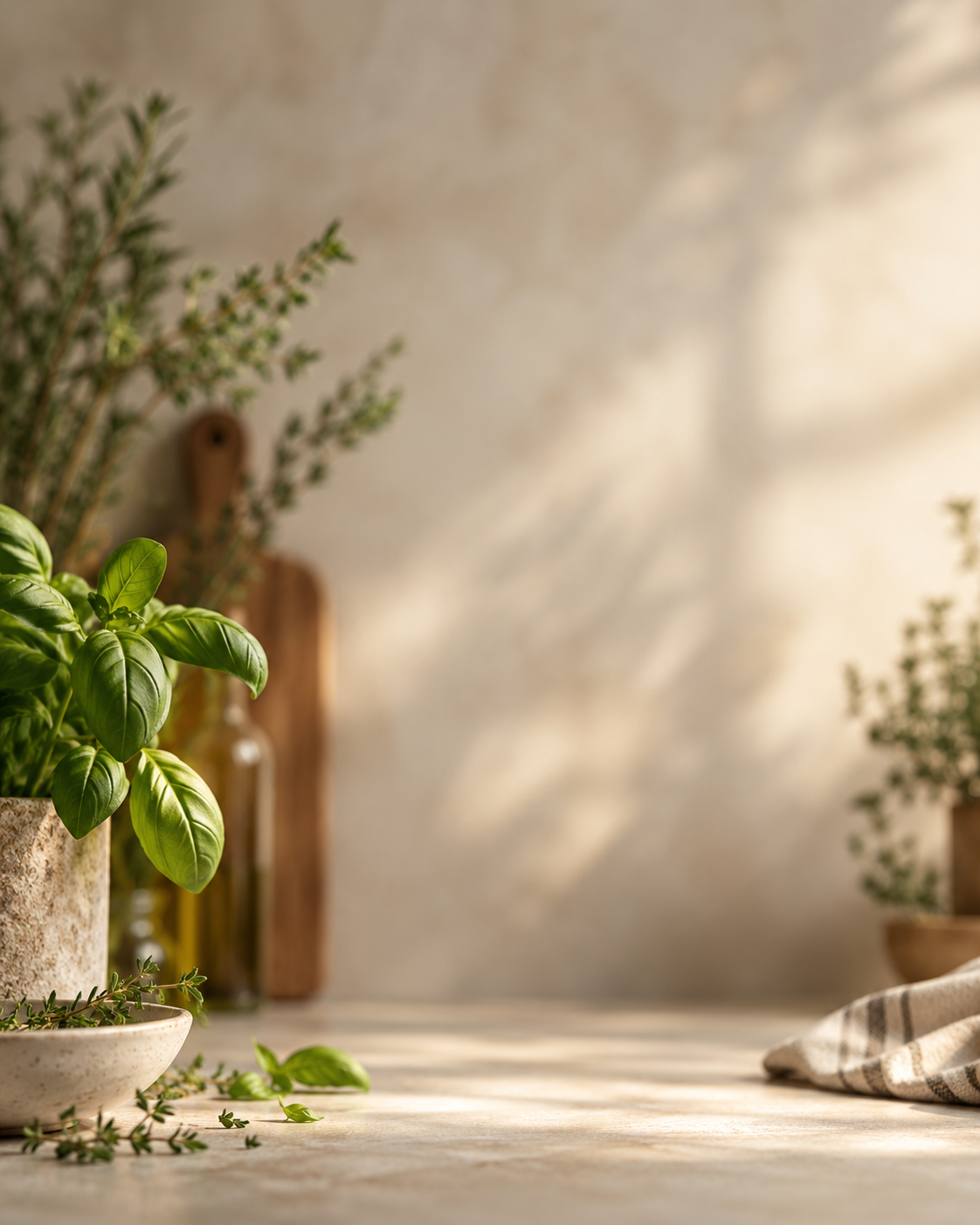 Softly lit kitchen counter with fresh basil, herbs, and kitchen items arranged in a calm, neutral workspace.