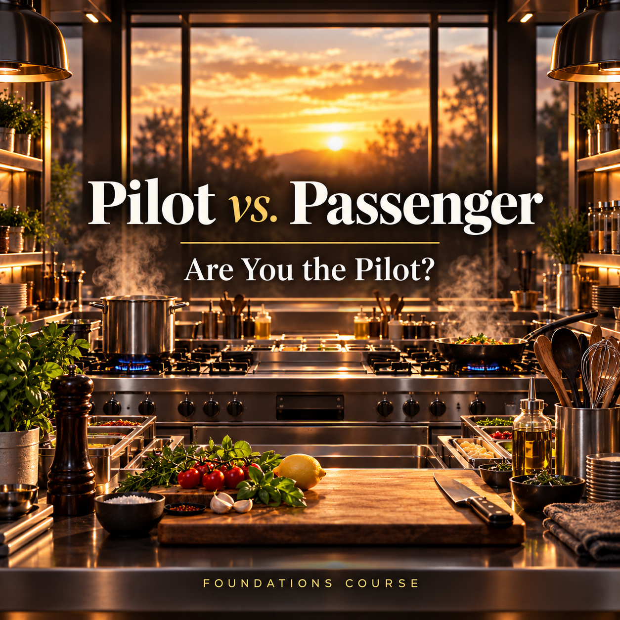 Foundations Course graphic showing a professional kitchen at sunset with the words “Pilot vs. Passenger — Are You the Pilot?” over the scene.