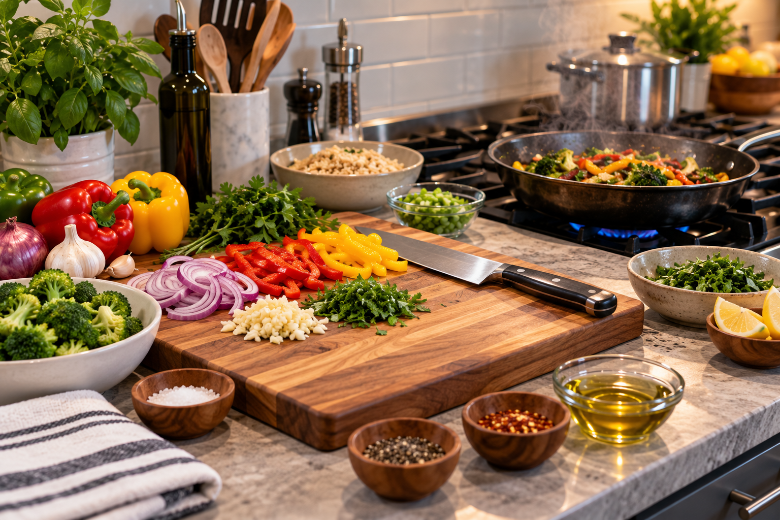 Organized kitchen prep station with fresh ingredients and cooking tools