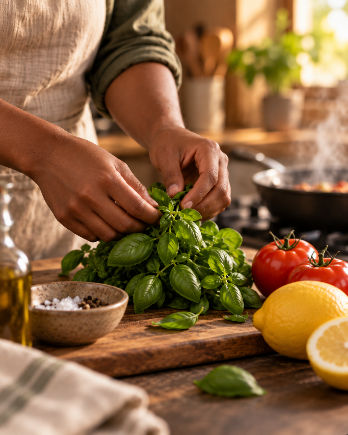 Hands gathering fresh basil on a wooden cutting board beside tomatoes, lemons, salt, and pepper in a warm kitchen.