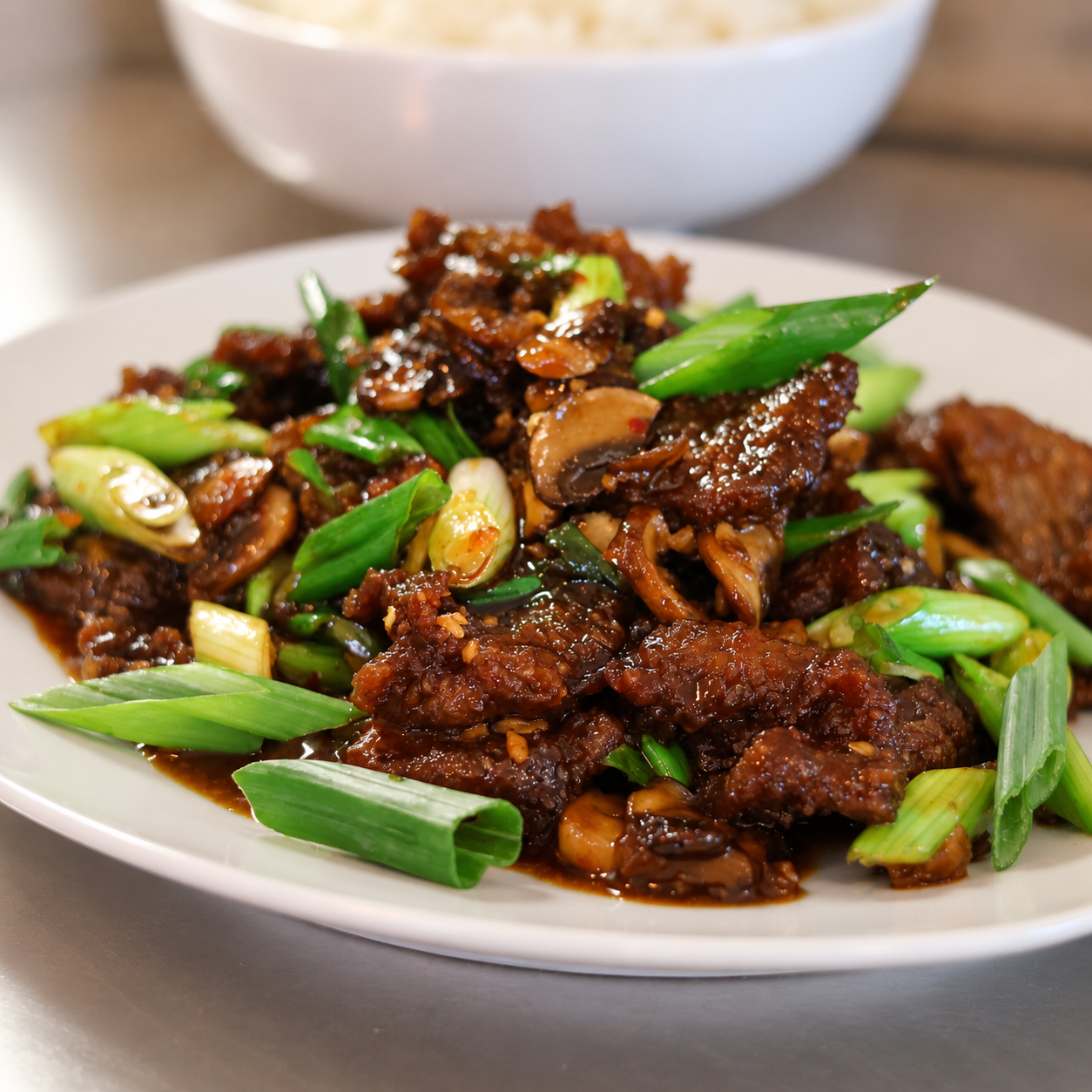 Plate of Mongolian-style beef with mushrooms and green onions in a glossy savory sauce, shown as a featured podcast and recipe dish.