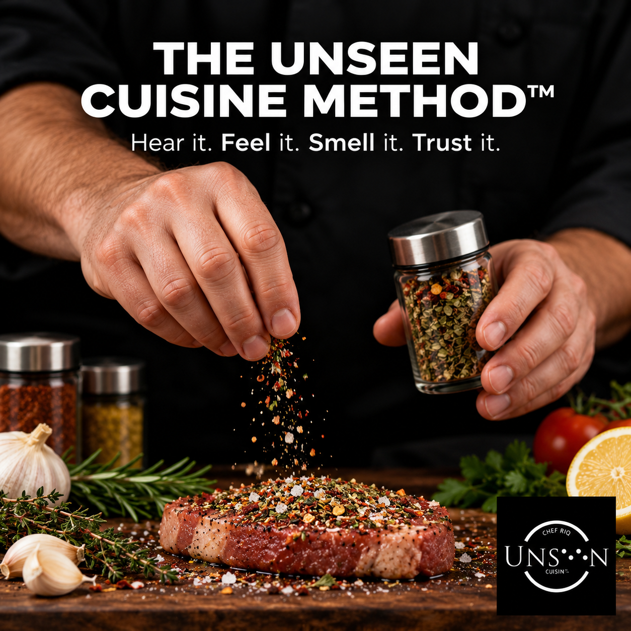 The Unseen Cuisine Method™ graphic showing hands seasoning a steak with herbs and spices, with the words “Hear it. Feel it. Smell it. Trust it.”