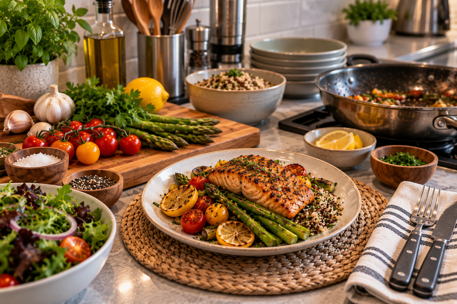 Completed meal with grilled salmon, vegetables, grains, fresh ingredients, and organized cooking tools