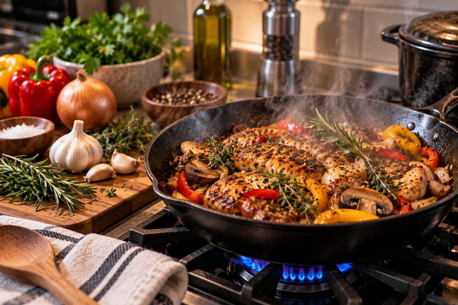 Steaming skillet with seasoned food, fresh herbs, vegetables, and aromatic ingredients cooking on the stovetop