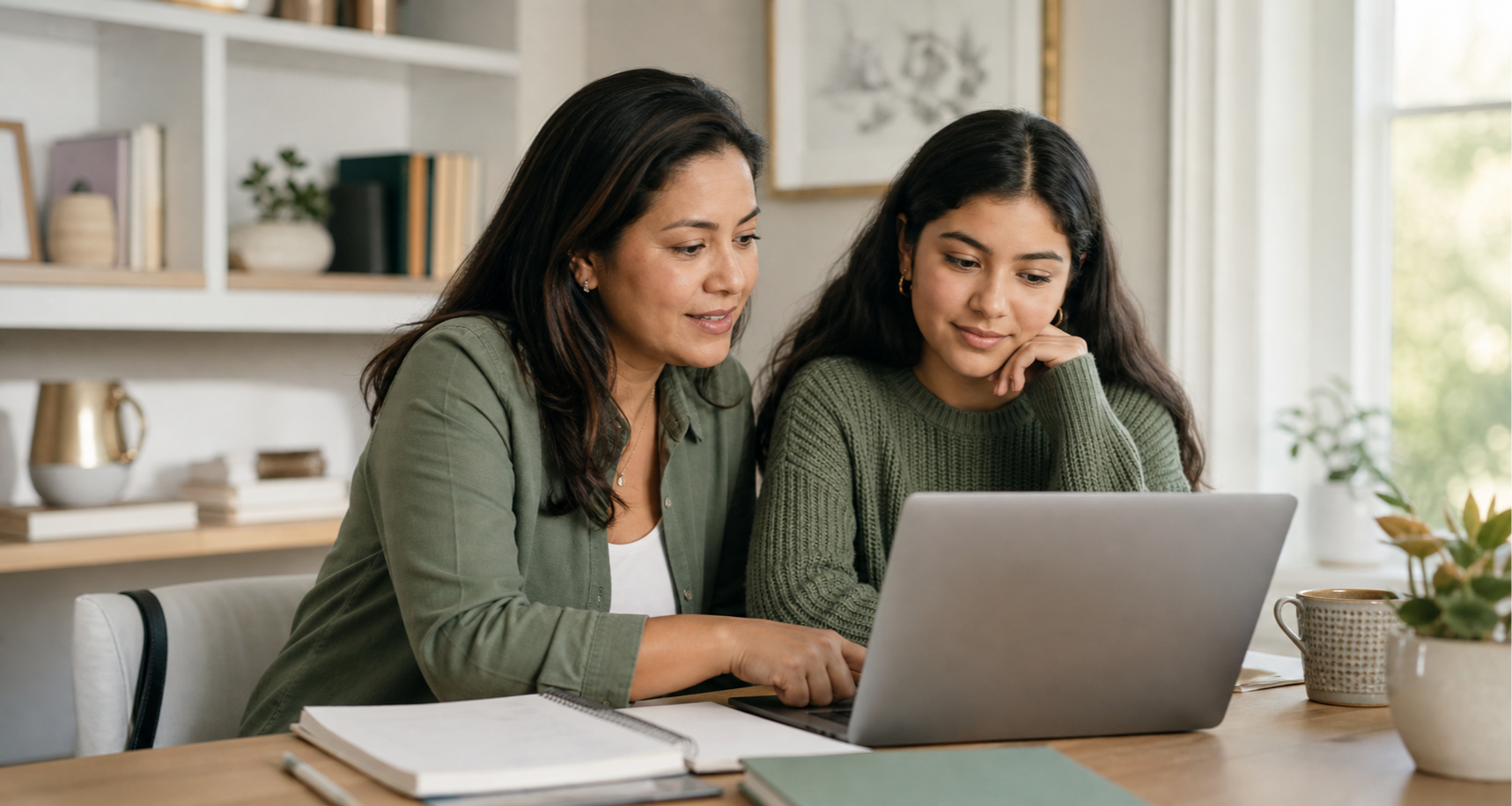 Madre e hija trabajando juntas frente a una computadora
