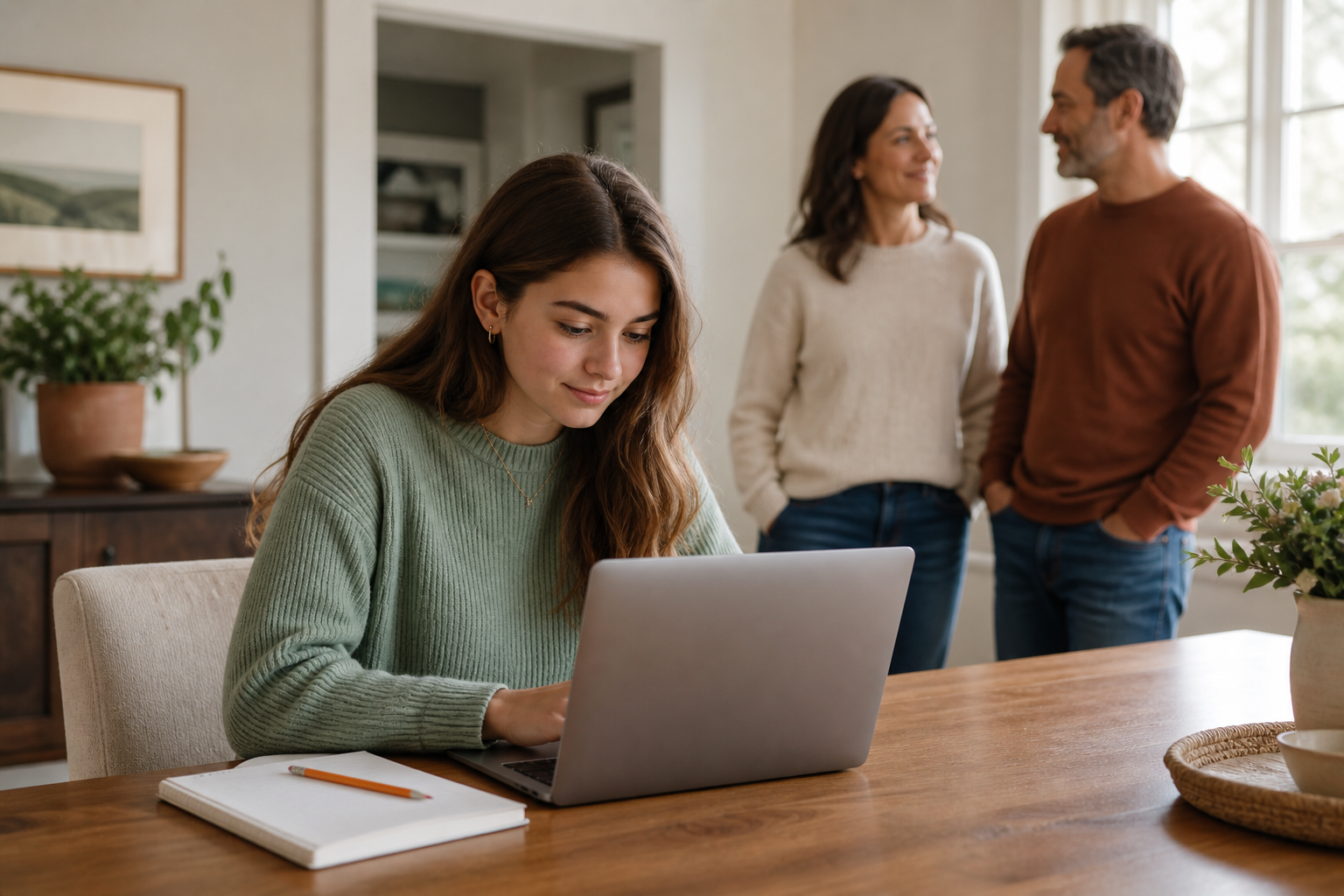 Estudiante trabajando en su ensayo universitario con el apoyo de sus padres
