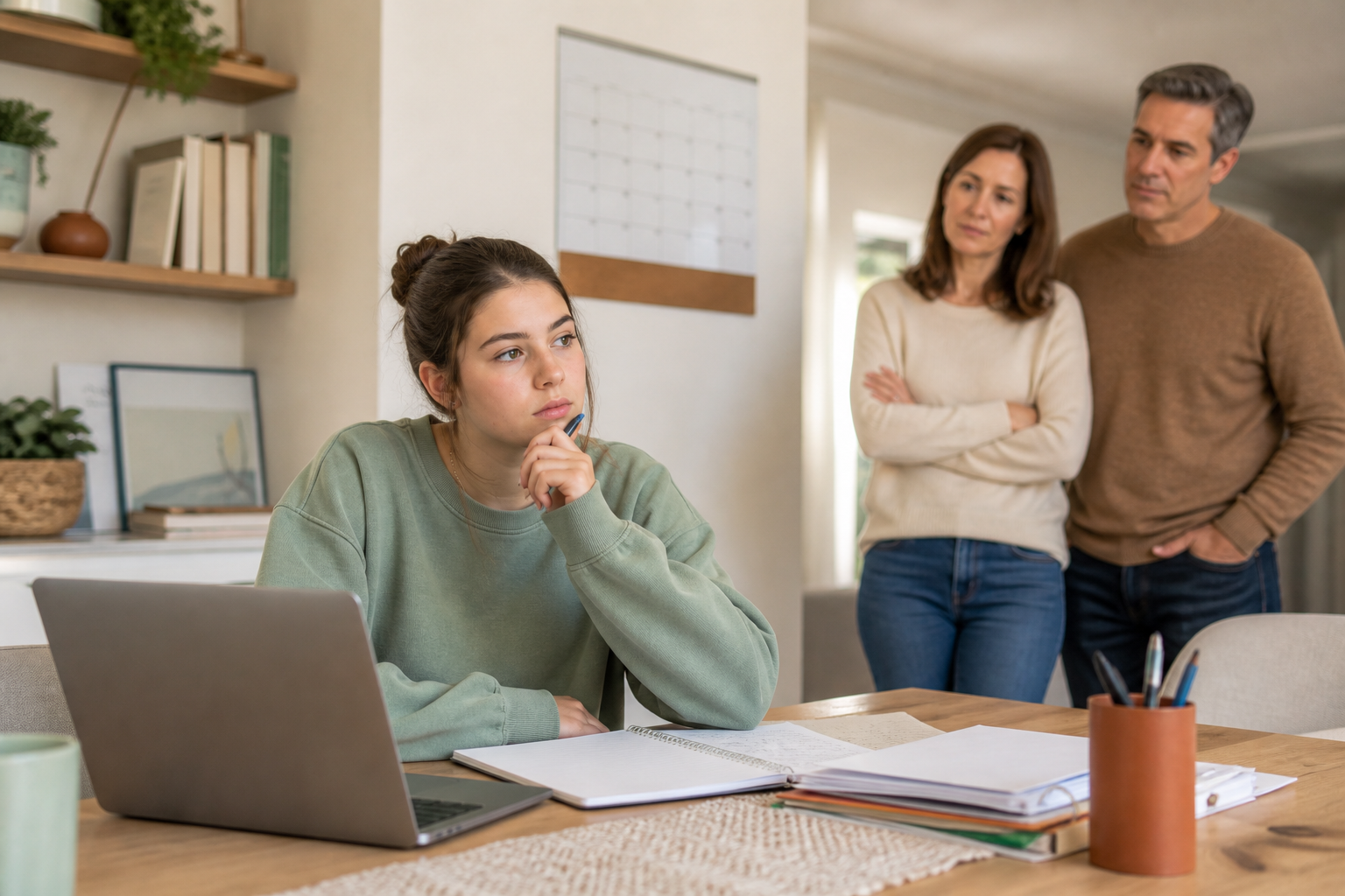 Estudiante trabajando en su ensayo universitario mientras sus padres la acompañan