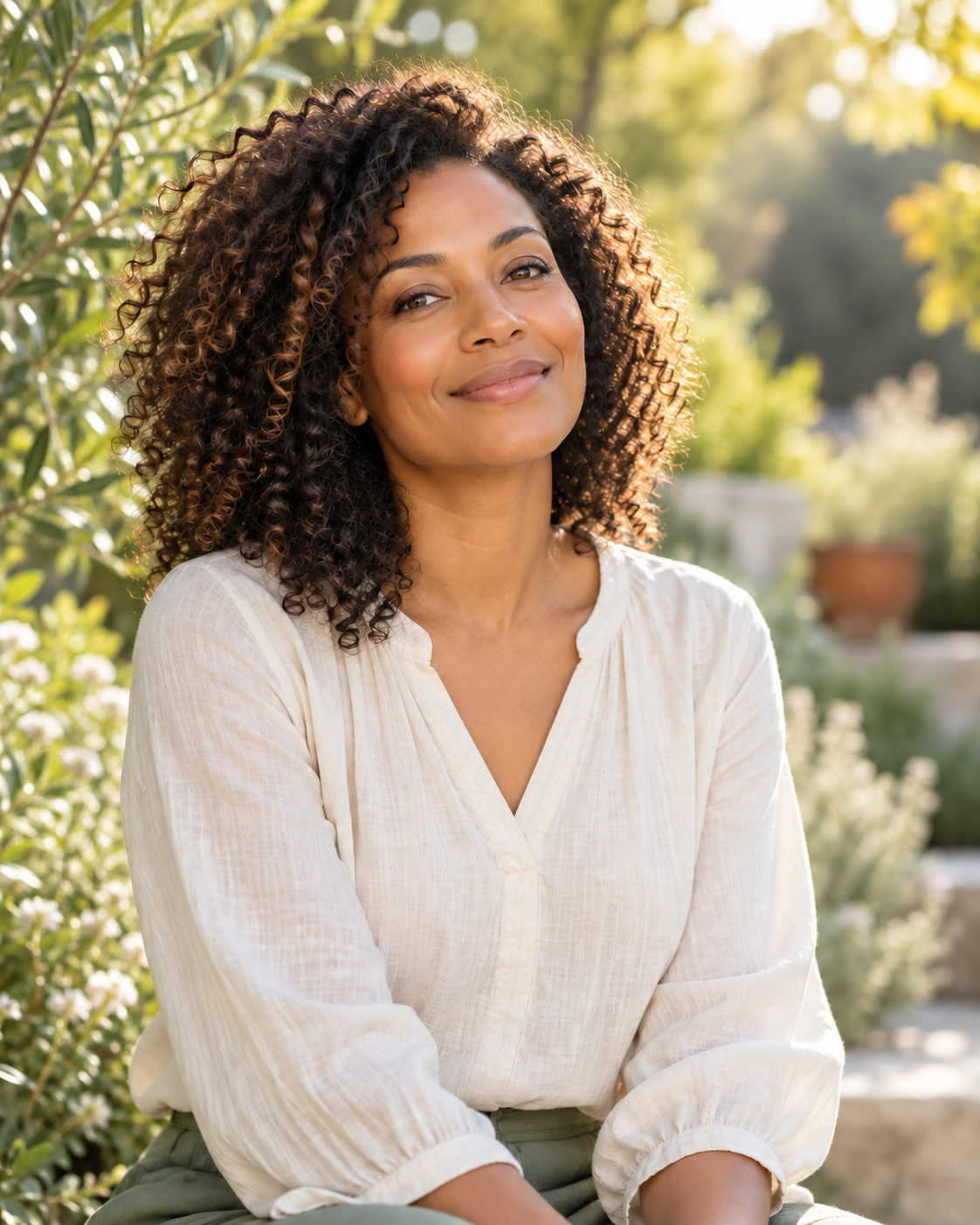 A woman with a gentle smile enjoying a peaceful morning outdoors, wearing a cream V-neck blouse