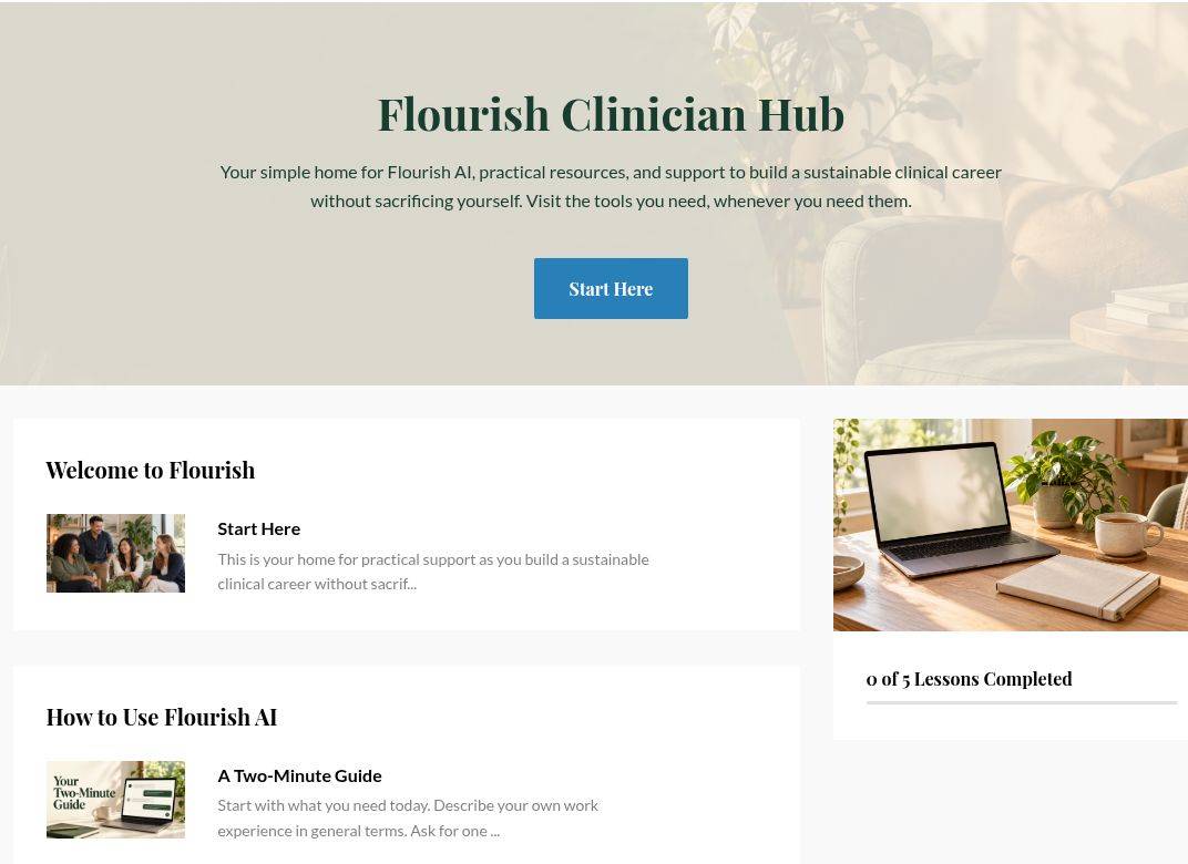 Preview of the Flourish Clinician Hub, including Start Here and the two-minute guide to Flourish AI