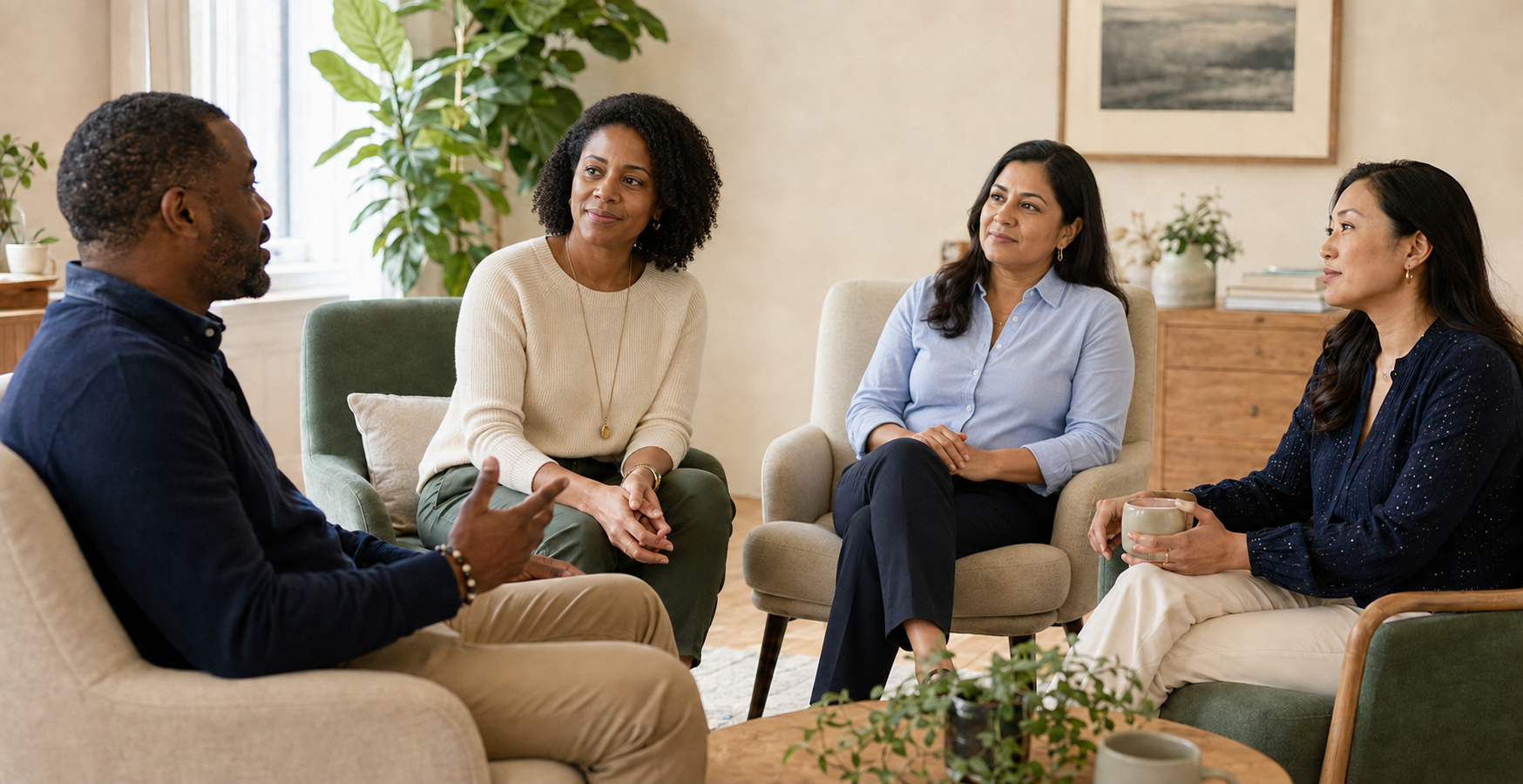 Four adults sharing a relaxed conversation in a warm room with greenery