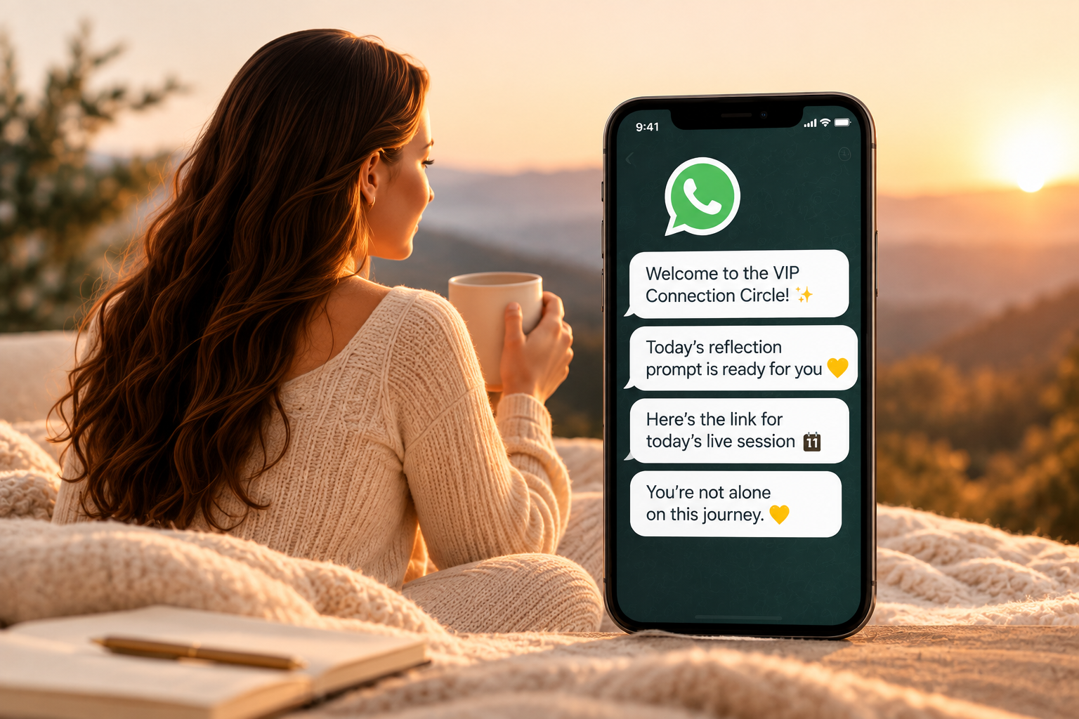 A woman looking at a sunset with a phone showing VIP WhatsApp messages