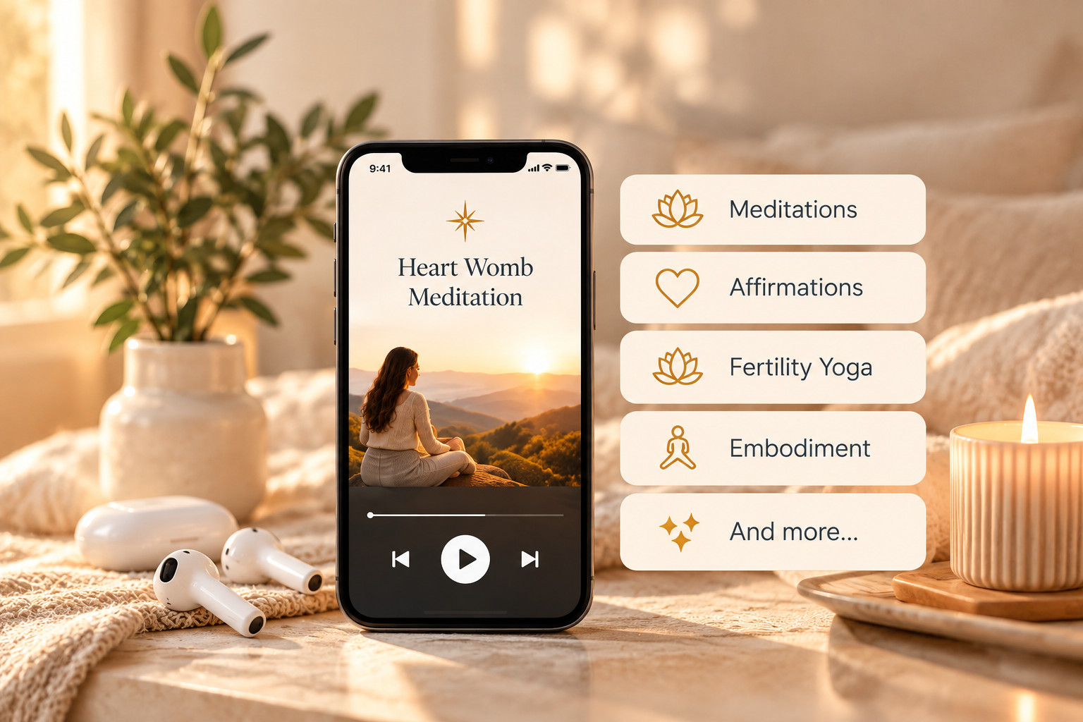 A phone showing the Heart Womb Meditation playing at sunset