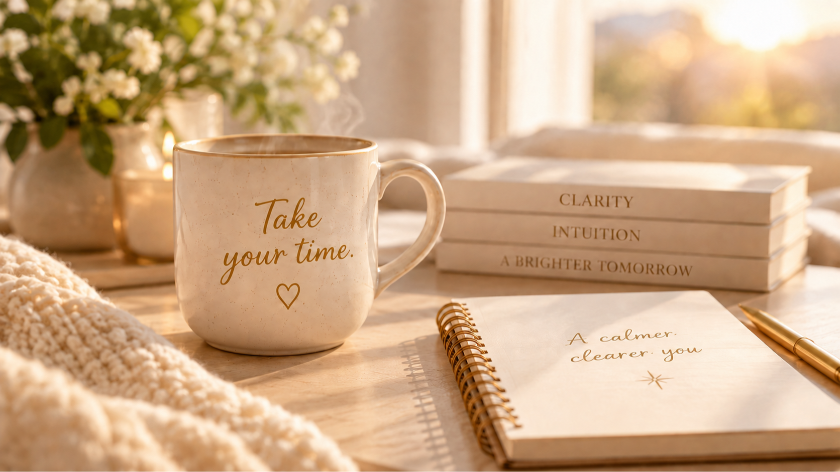 Coffee mug that says 'You have time' on a table with a journal