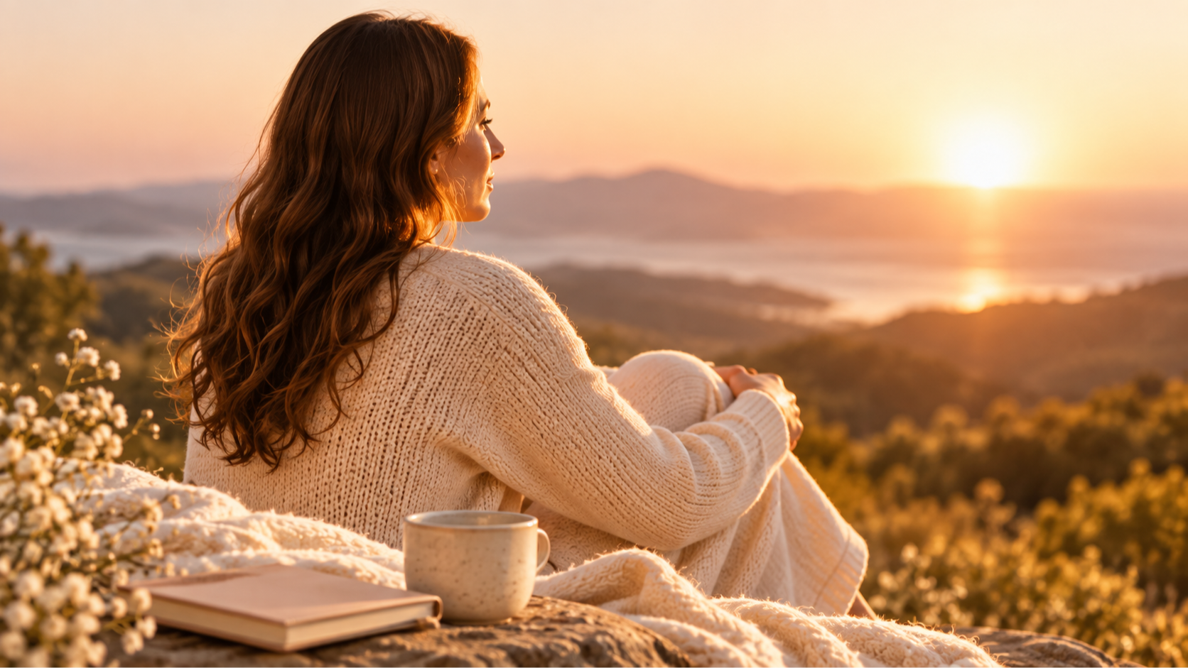 Woman sitting outdoors at sunset, looking at the view