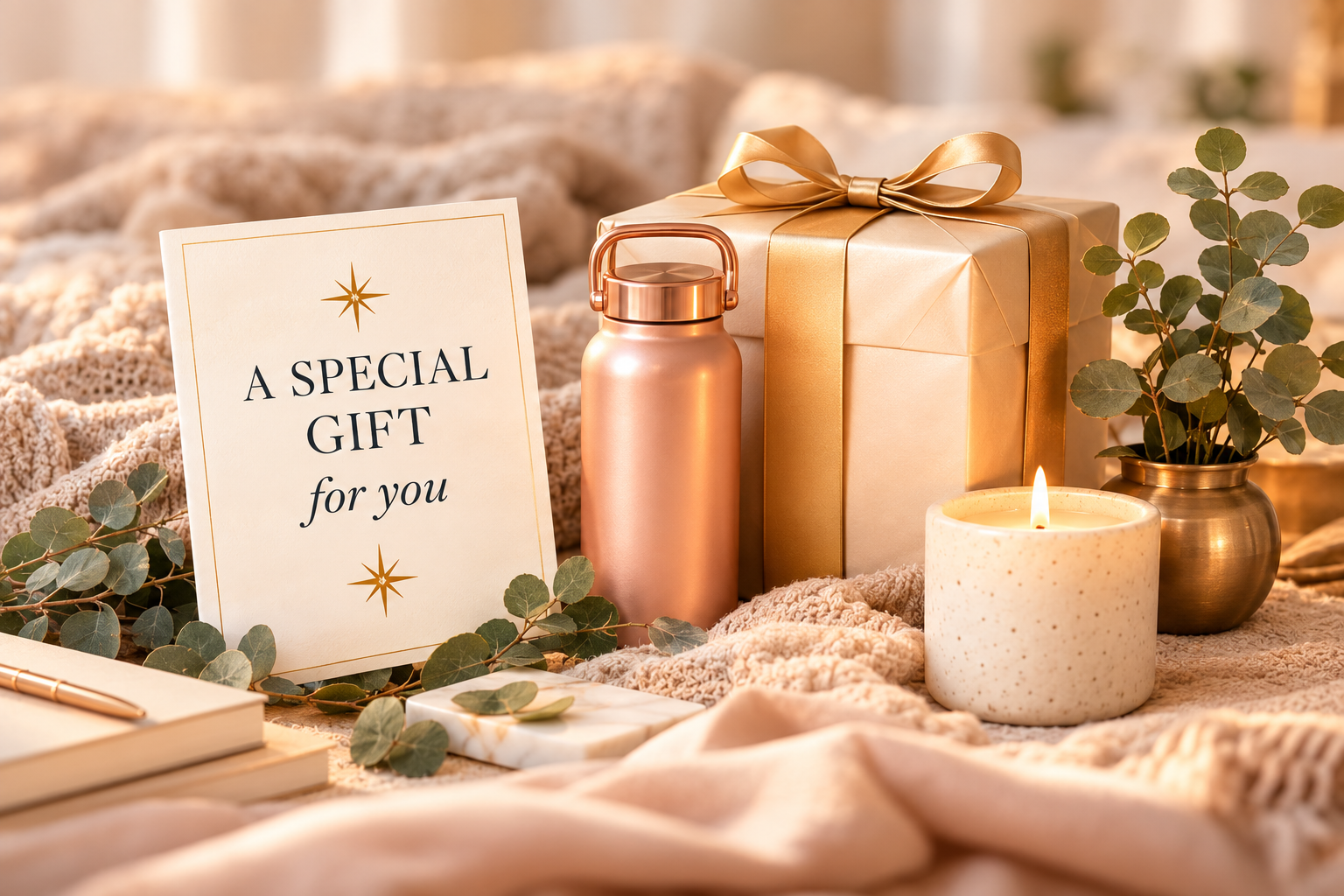 A wrapped gift box, water bottle and candle with a card that reads A Special Gift for You