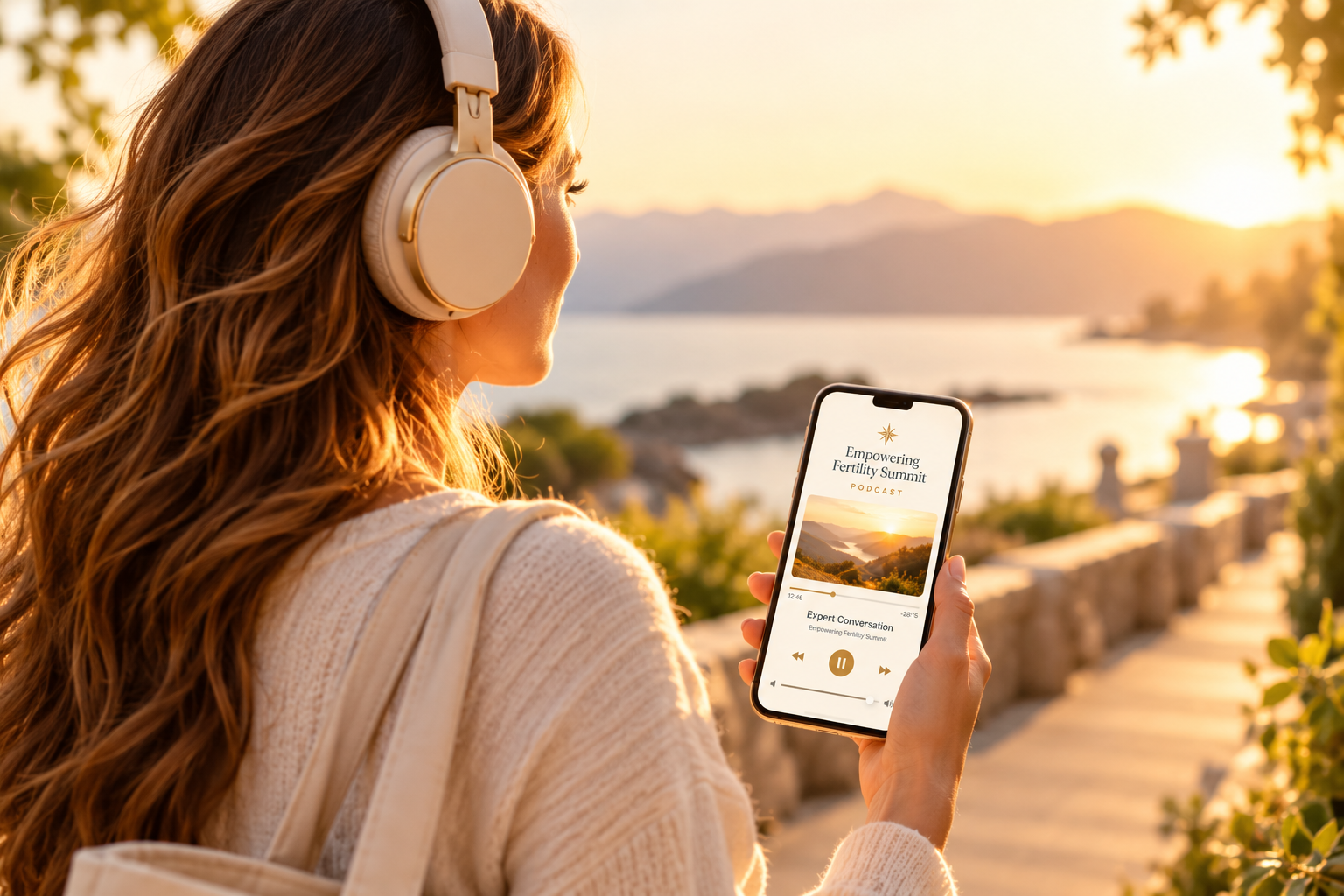A phone playing the Empowering Fertility Summit private podcast next to wireless earbuds and a cup