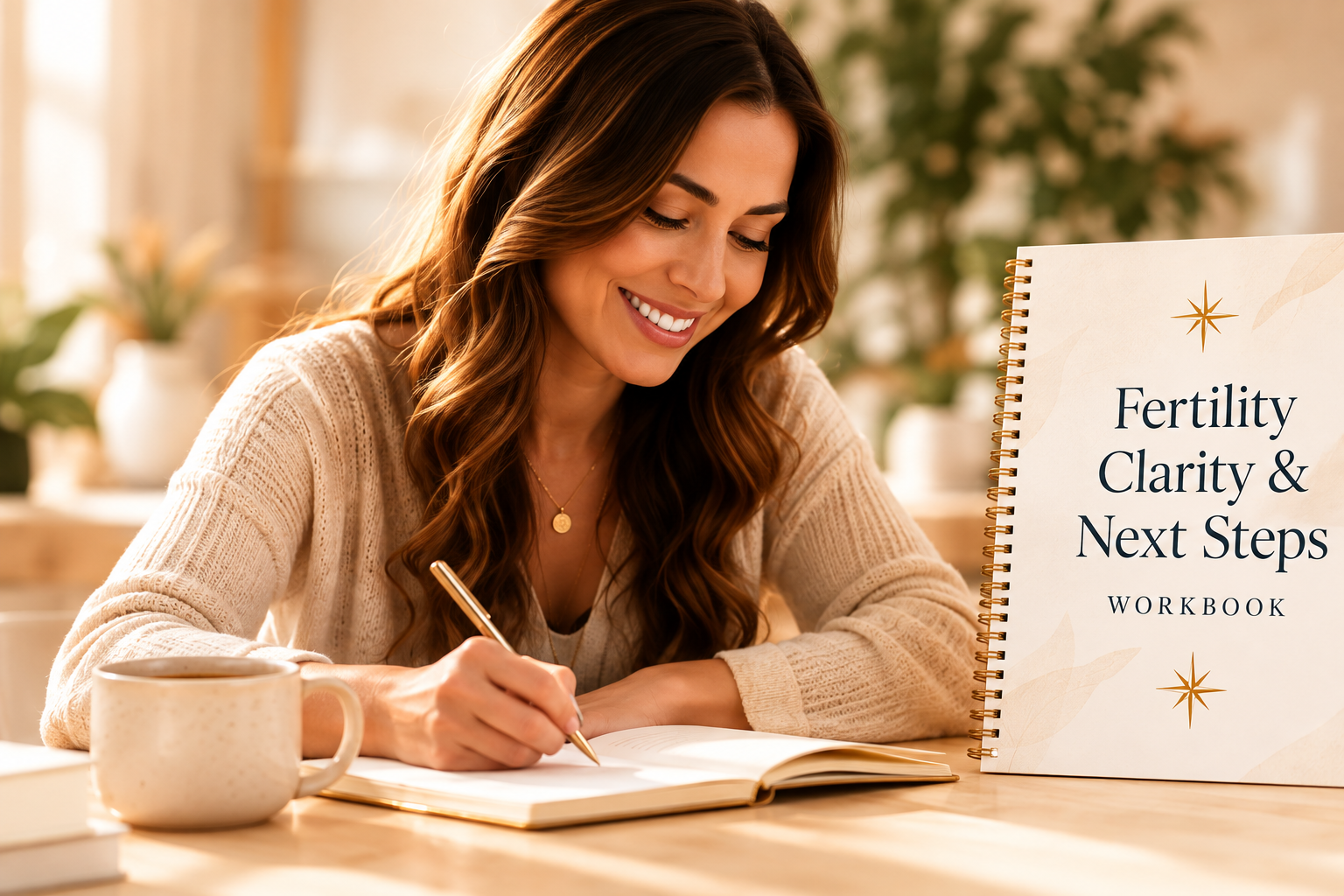 A woman journaling beside the Fertility Clarity and Next Steps Workbook