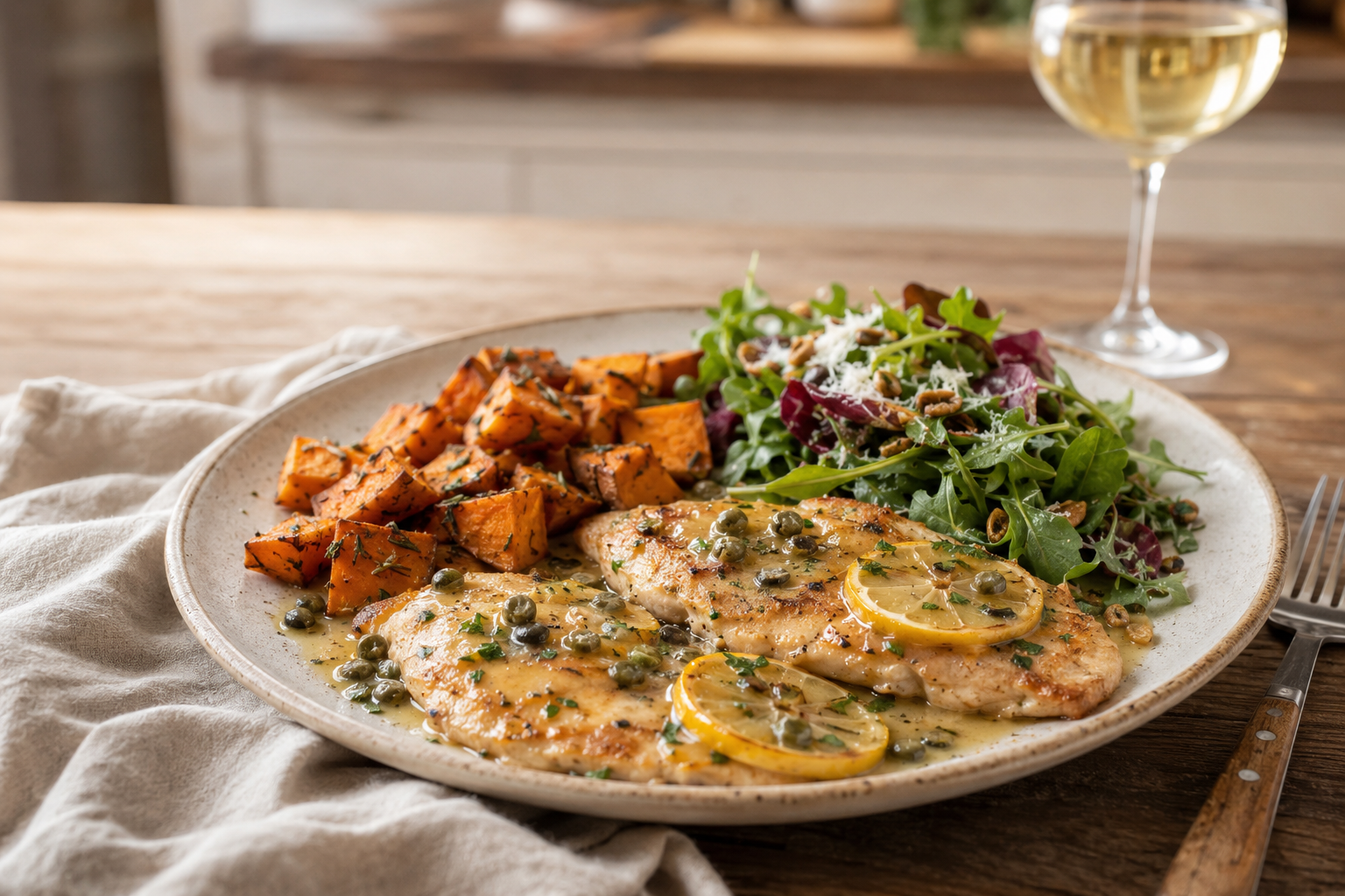 A real-life kitchen dinner on paper plates, showing that healthy family meals can be doable and imperfect.