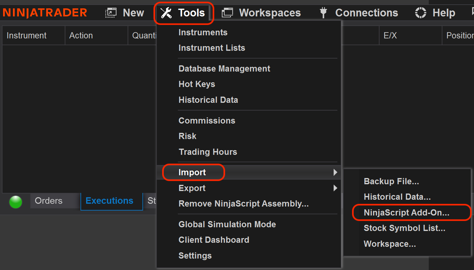 Control Center → Tools → Import → NinjaScript Add-On