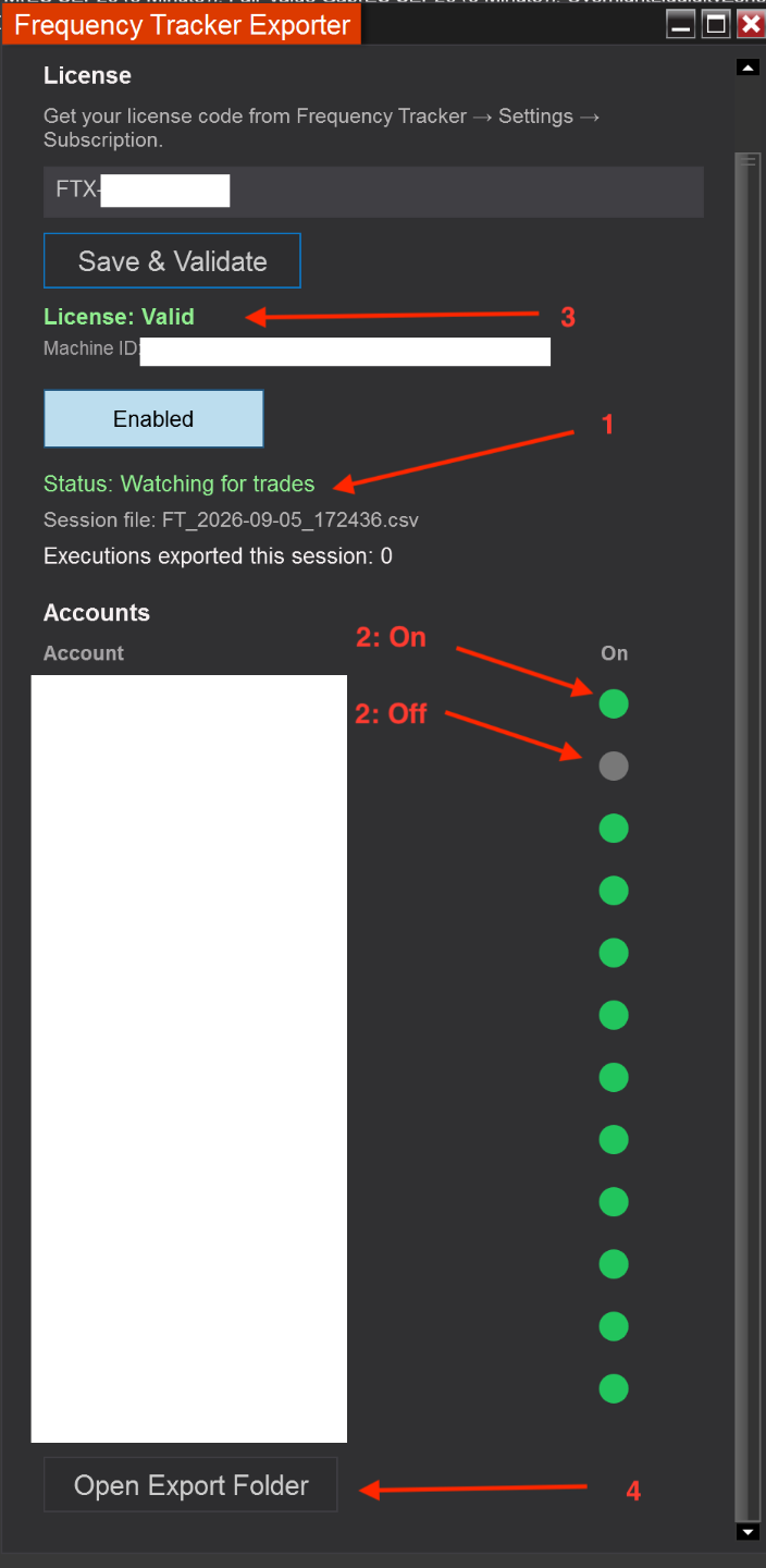 Frequency Tracker Exporter control panel — export folder path, account toggle, and license status