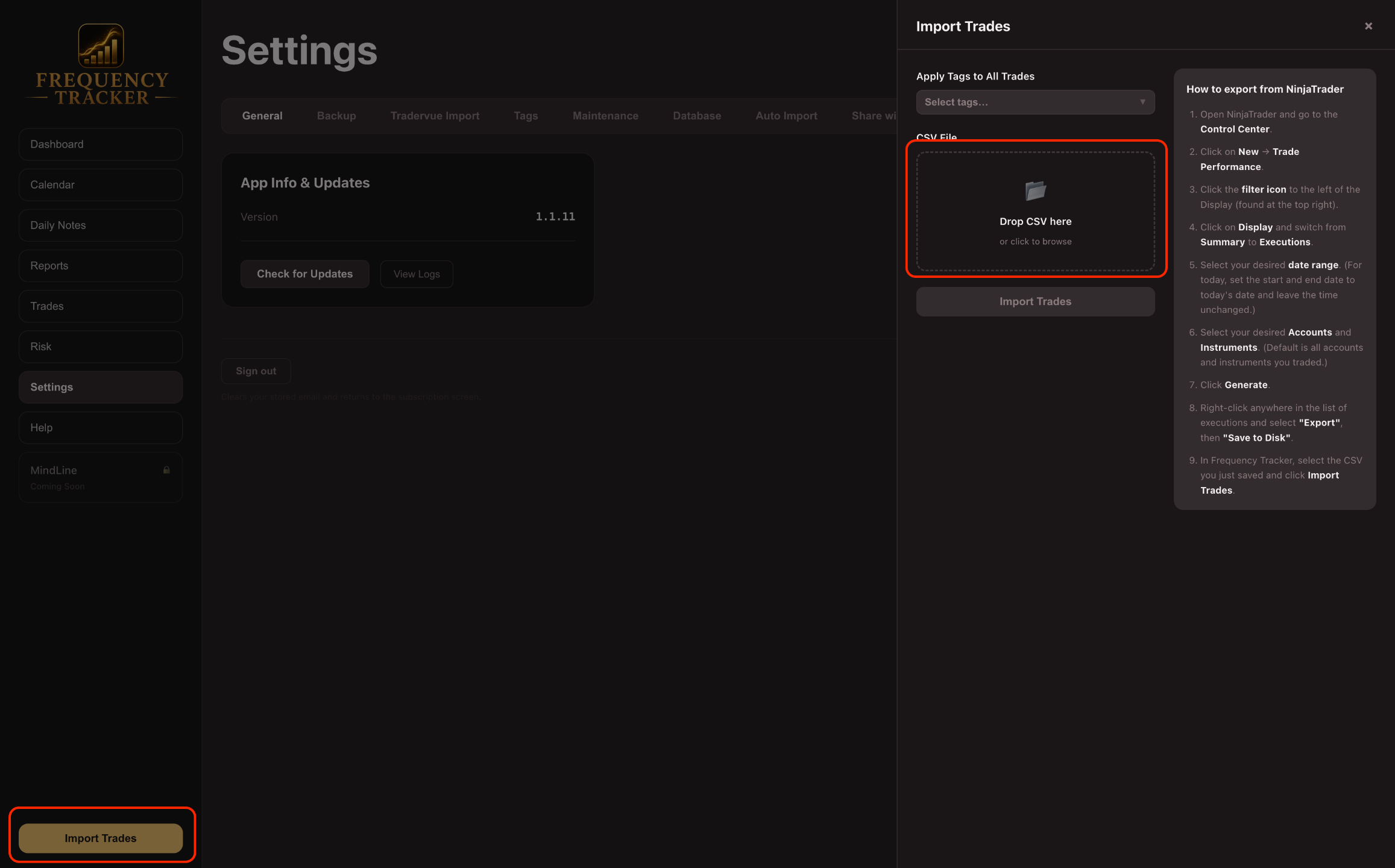Importing a CSV manually in Frequency Tracker