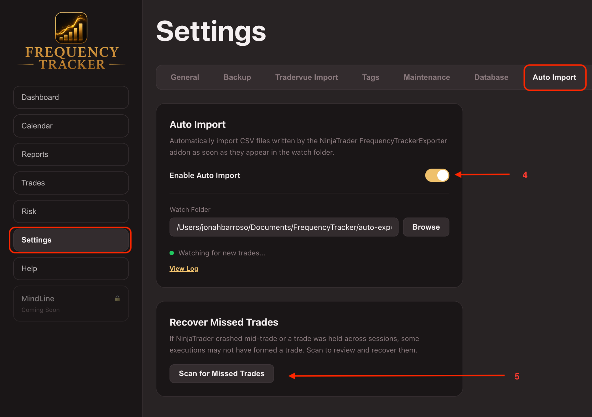 Settings → Auto Import — turning on auto-import and scanning for missed trades