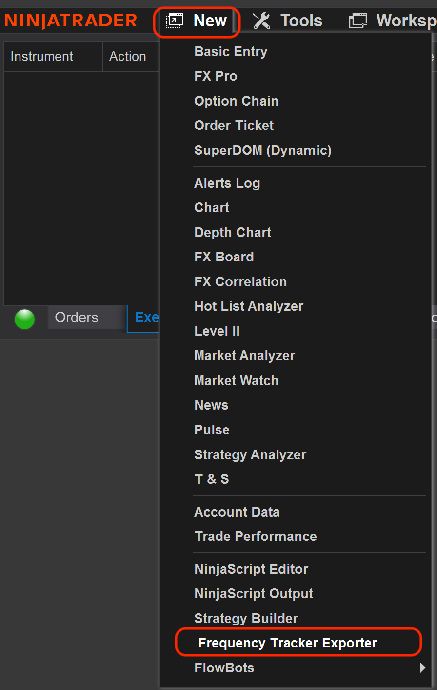 Control Center → New → Frequency Tracker Exporter