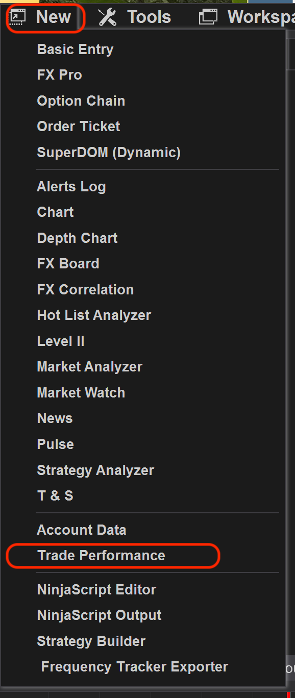 NinjaTrader Trade Performance filter and display settings