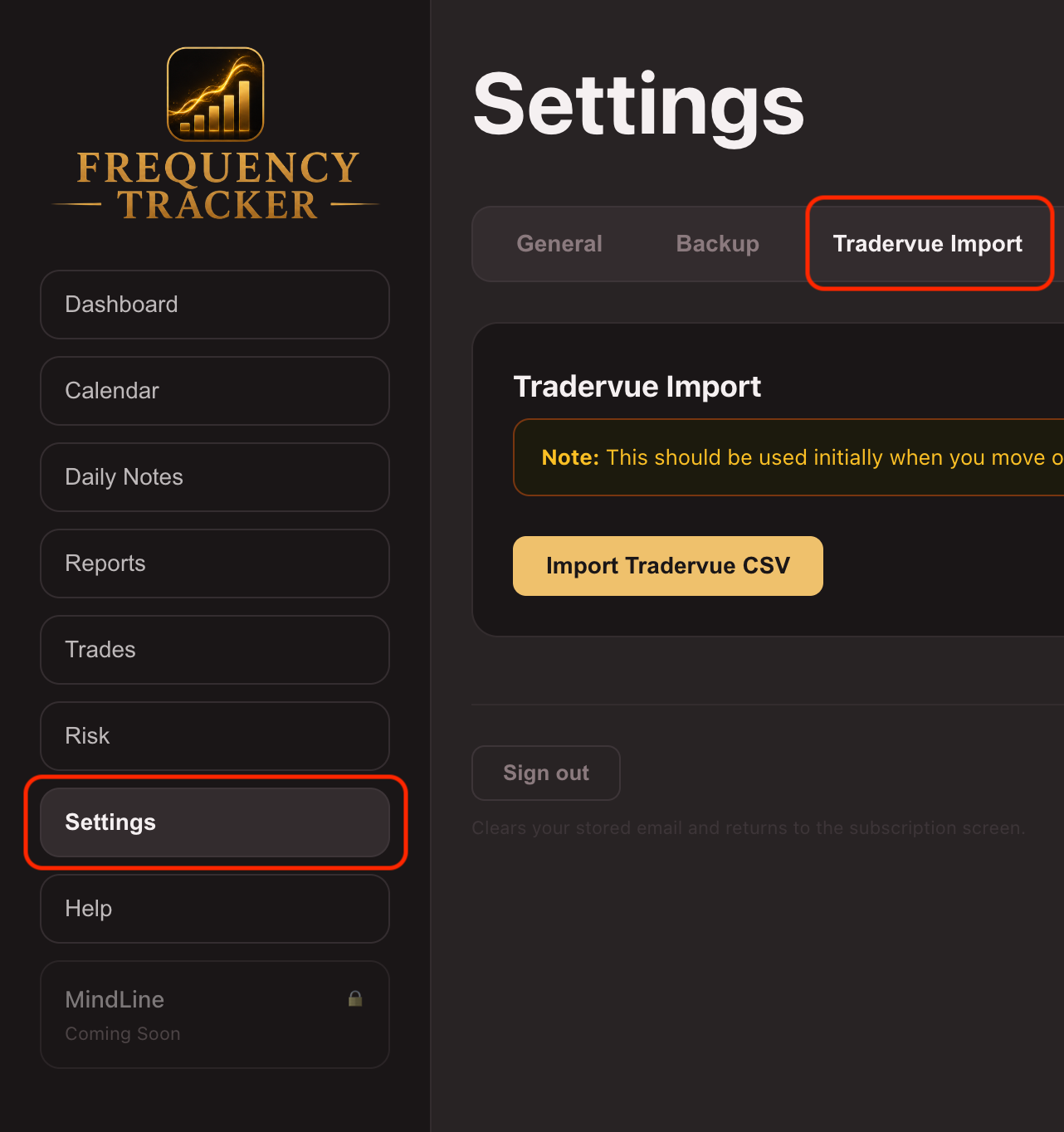 Importing the Tradervue CSV in Frequency Tracker settings