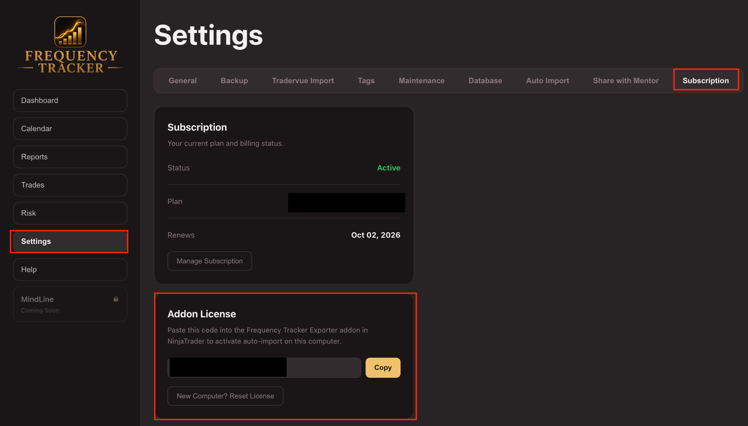 Settings → Subscription → Addon License section showing your license code