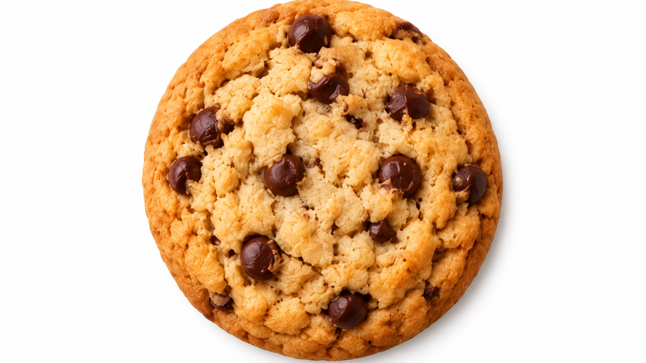 A single golden chocolate chip cookie representing one whole in a fractions lesson.