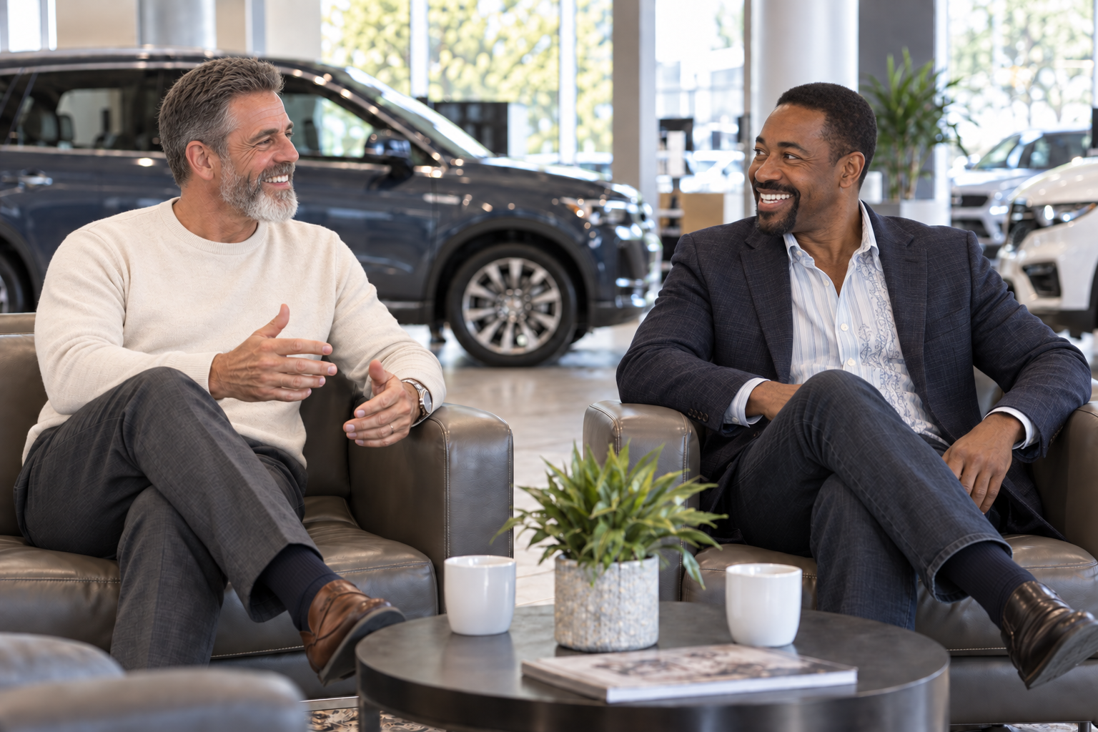 Greg and Gene sharing practical car-buying knowledge in a quiet dealership lounge