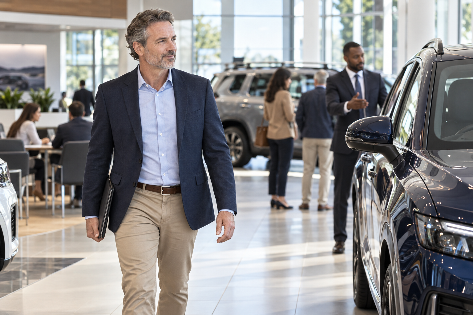 A confident, prepared buyer walking through a bright dealership