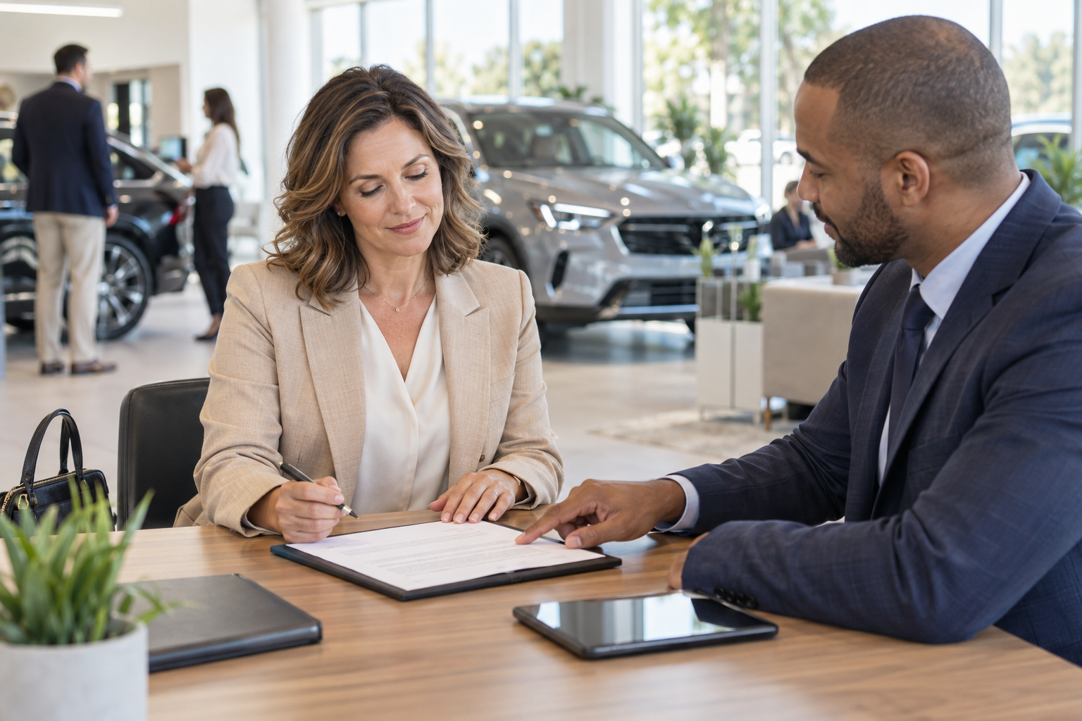 A buyer reviewing her completed agreement with quiet reassurance
