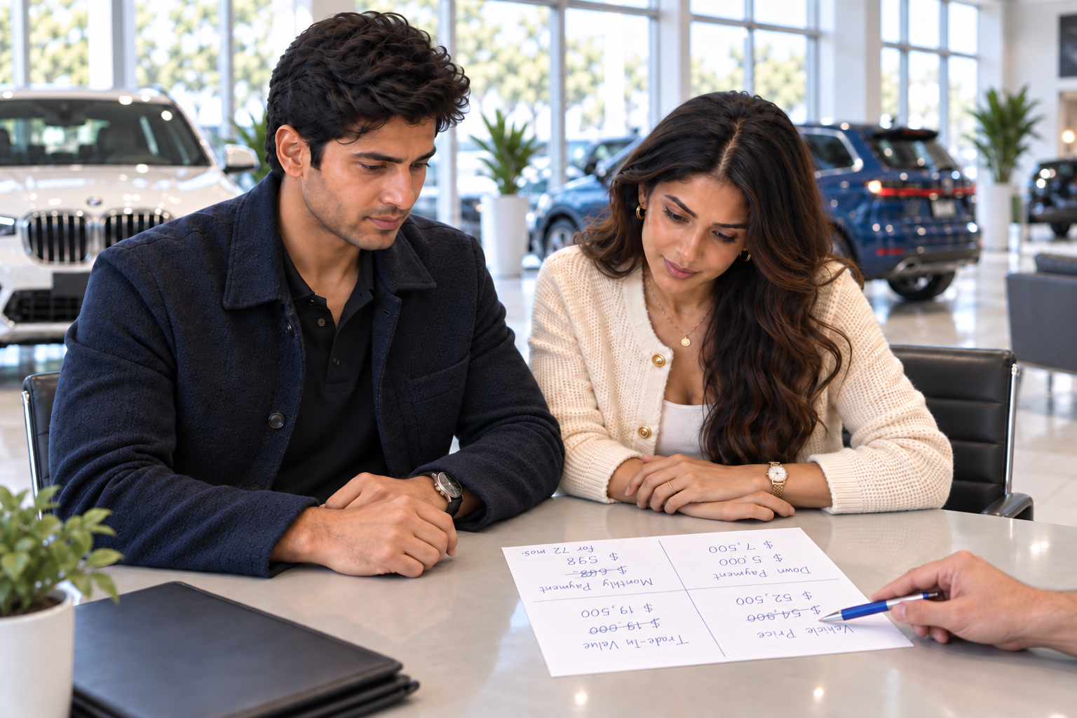 A young Indian couple studying a four-square dealership offer as a salesperson points to the deal